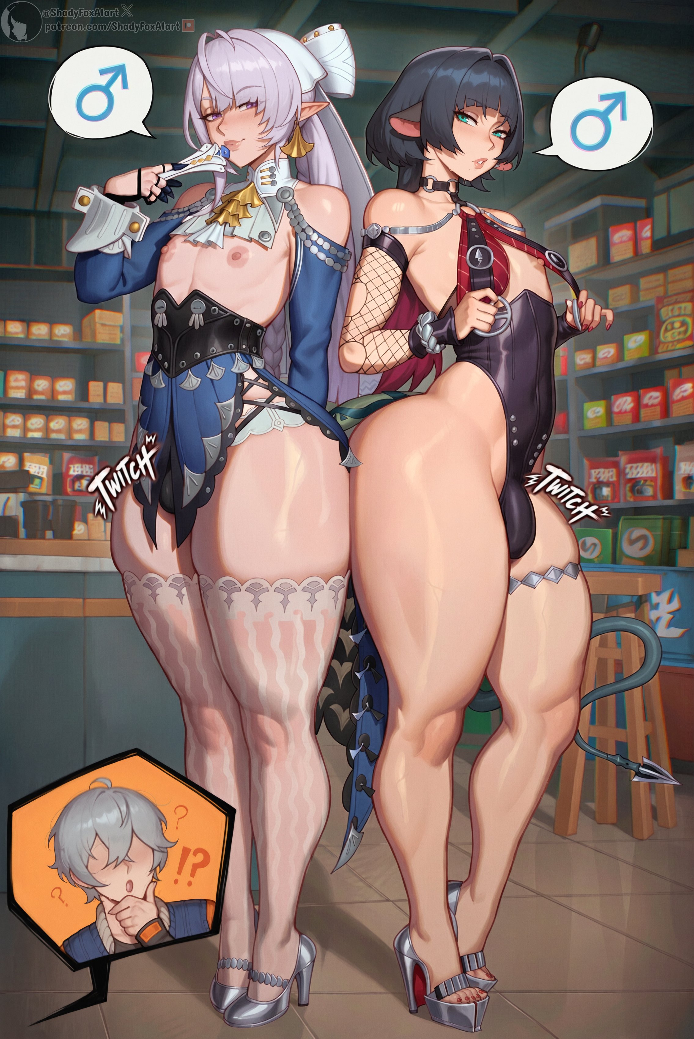 2026, 2femboys, 3boys, ai generated, androgynous, arm behind back, big ass, black hair, blushing, bubble butt, bulge, bulge through clothing, casual, casual exposure, casual nudity, child bearing hips, collar, dat ass, dumptruck ass, earrings, fat ass, femboy, fishnet armwear, fishnets, flaccid, flaccid penis, genderswap, girly, green eyes, grey hair, hair ornament, horny, horny male, huge ass, imminent sex, jane doe (zenless zone zero), john doe (zenless zone zero) (scopeophilia), leotard, looking at viewer, looking pleasured, male, male only, pointy ears, posing, posing for the viewer, purple eyes, purple hair, ripped clothing, rule 63, shadyfox, sissy, small penis, thick thighs, thunder thighs, tight clothing, torn clothes, torn clothing, velina airgid, wise (zenless zone zero), zenless zone zero