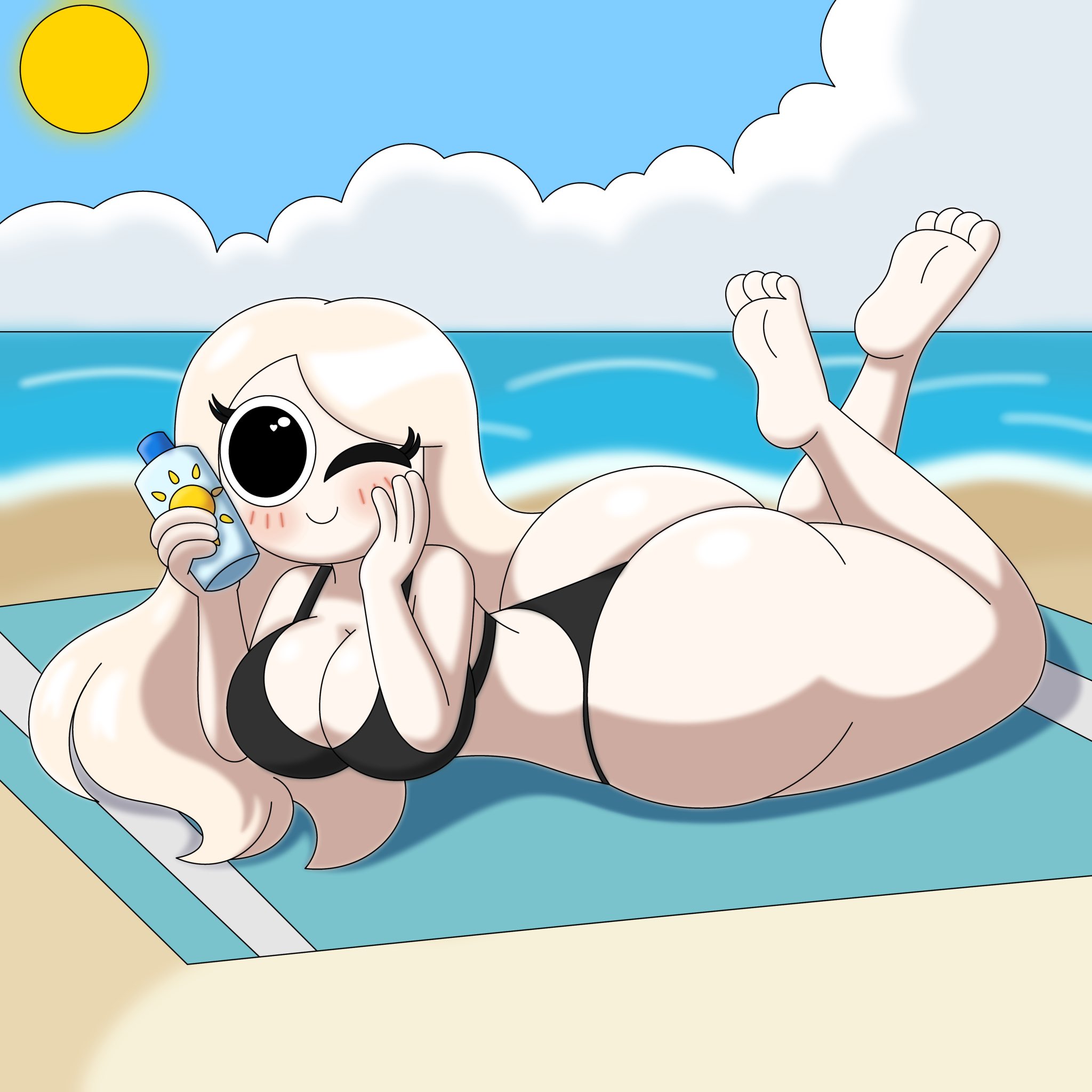 1girls, ass, beach, beach background, beach towel, blush, blush lines, blushing, boobs, breasts, clothing, elgatitomota, eyelashes, fat ass, huge ass, neckline, partially clothed, sunblock, swimsuit, white body, white hair, white skin, xiaro, youtube, youtube avatar, youtuber