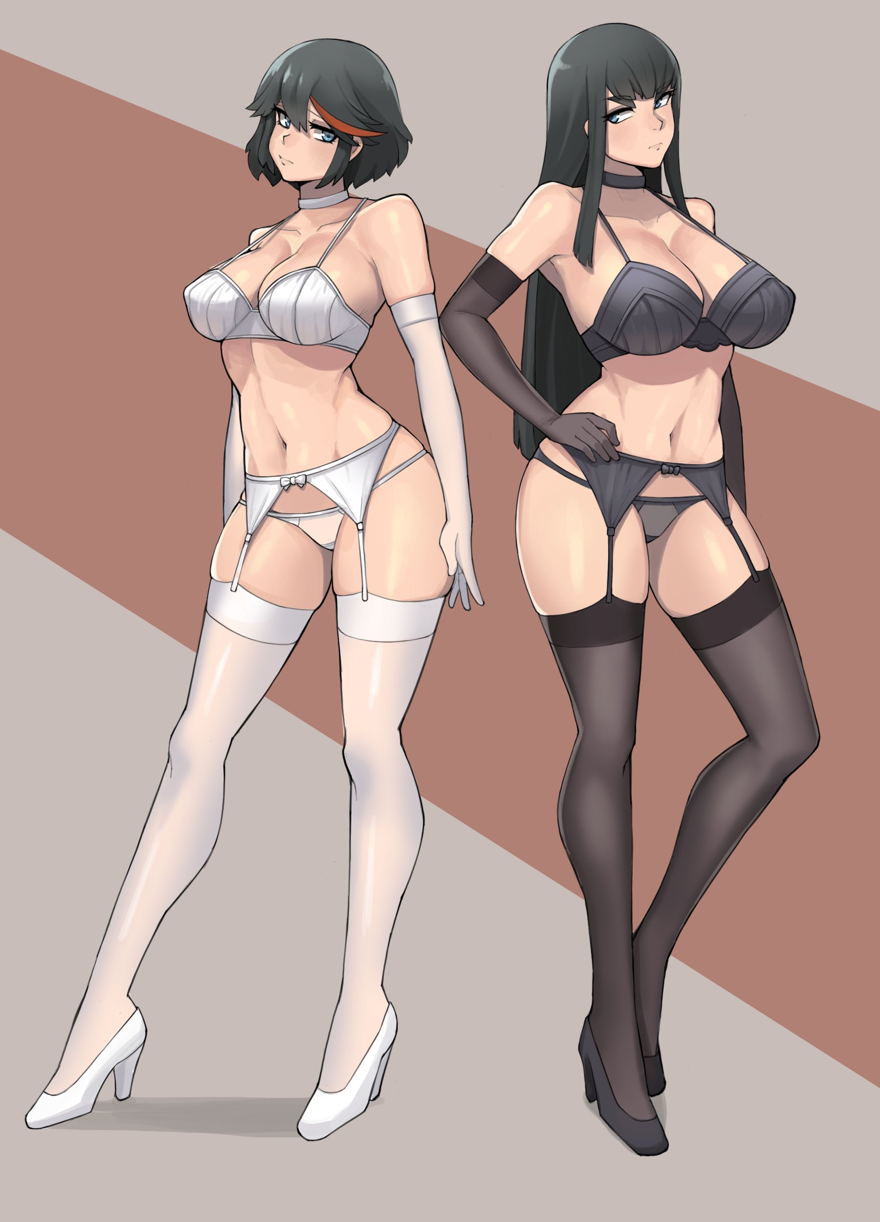 2girls, big breasts, black hair, black lingerie, black stockings, bra, breasts, choker, cleavage, clothing, donburikazoku, elbow gloves, female, female only, garter belt, garter belt leggings, garter straps, high heels, human, kill la kill, kiryuuin satsuki, large breasts, lingerie, long hair, matoi ryuuko, nonsexual, pale skin, red highlights, short hair, sisters, stockings, thick thighs, thong, two-tone hair, white lingerie, white stockings