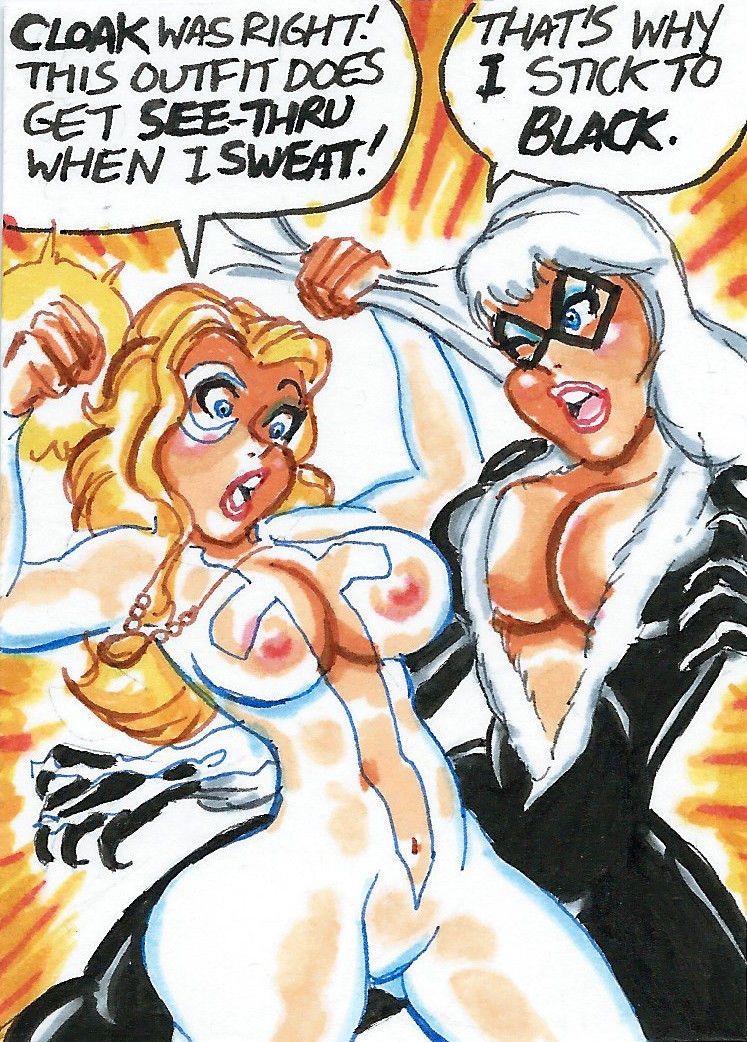 big_breasts black_cat_(marvel) blonde blonde_hair blue_eyes breasts cleavage cloak_and_dagger curvy dagger_(marvel) dialogue domino_mask erect_nipples face_markings felicia_hardy female_focus hair_pull humor joe_gravel large_breasts marvel marvel_comics navel nipples see_through sketch_card speech_bubble spider-man_(series) superheroine surprise surprised tandy_bowen text white_hair