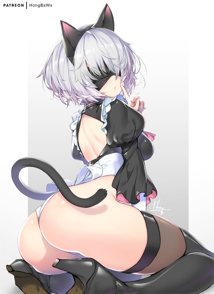 android, ass, big ass, big breasts, blindfold, bob cut, breasts, cat ears, cat girl, cat tail, catgirl, female, female only, high heel boots, high heels, hong (white spider), maid, nier, nier: automata, short hair, square enix, thighhigh boots, thighhighs, white hair, yorha 2b