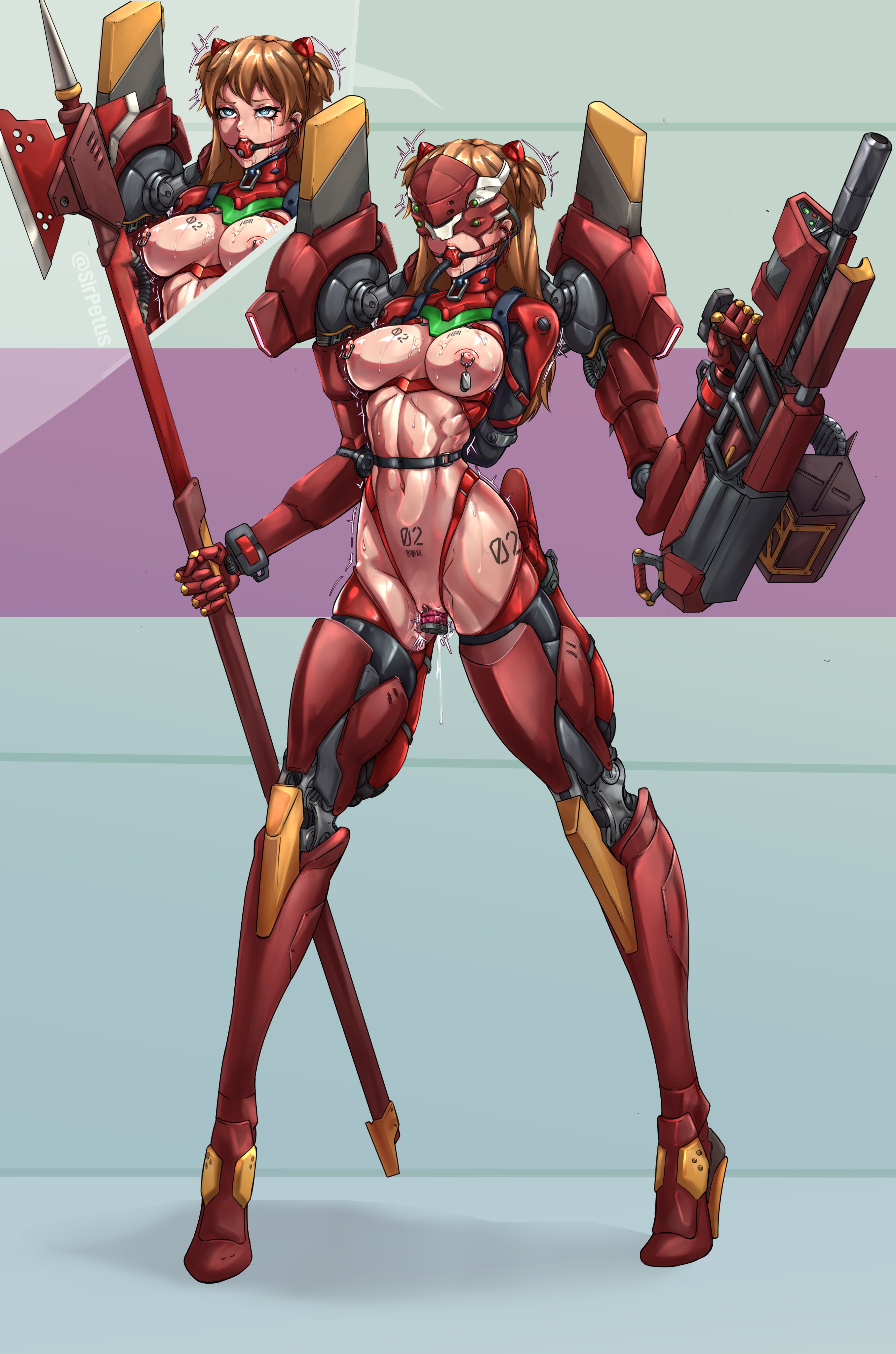arms behind back, asuka langley sohryu, bdsm, blonde hair, bondage, dildo, dildo in pussy, evangelion, gag, gagged, gagged female, gun, machine, machine bondage, mask, neon genesis evangelion, nipple piercing, sex toy, sirpetus, spear, tagme, tattoo, vaginal, vaginal penetration, weapon