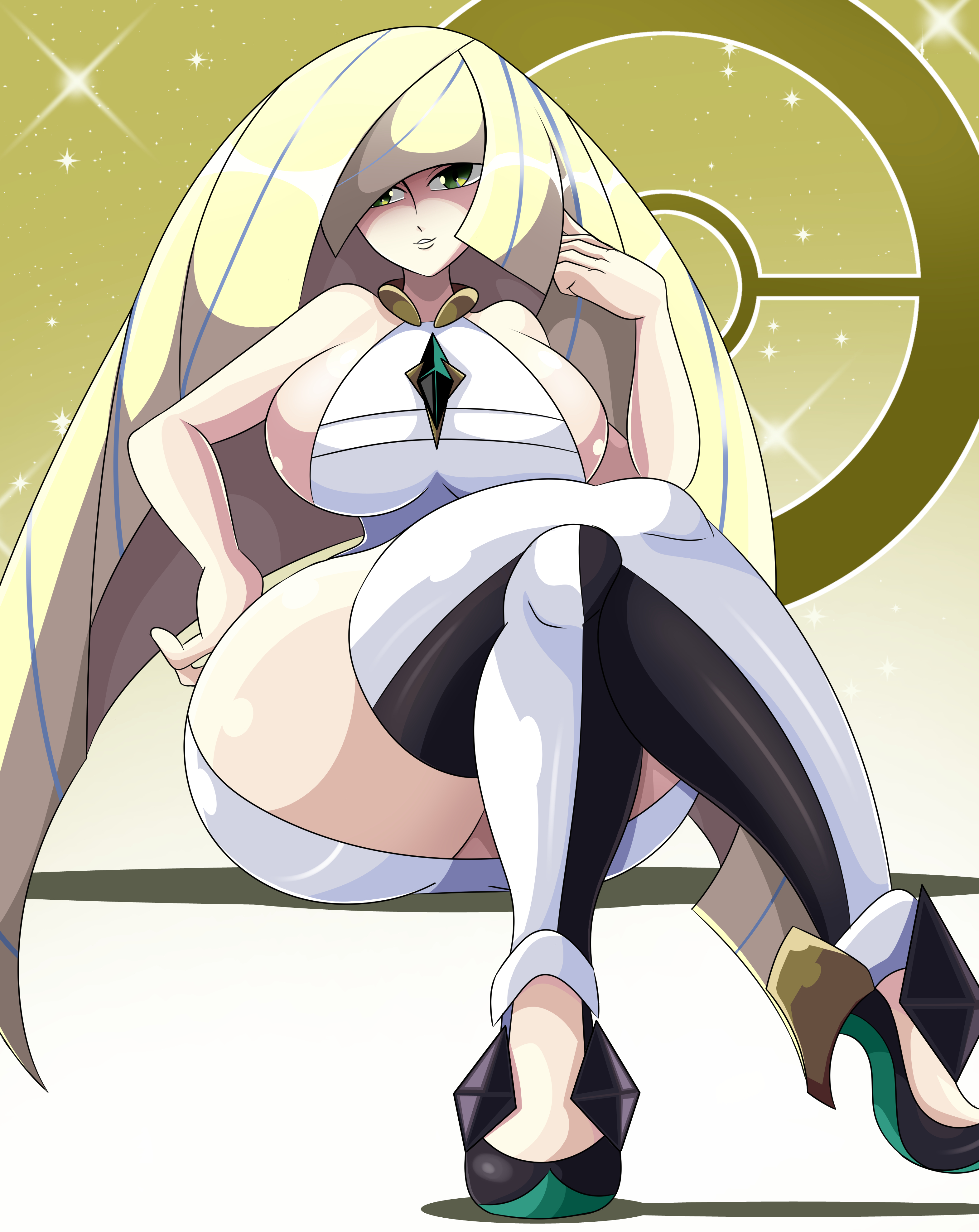 1girls, aether foundation, alternate breast size, ass, big ass, big breasts, blonde hair, blue hair, breasts, bursting breasts, clothed, clothed female, dress, eye contact, female, female only, hair over one eye, half-closed eyes, high heels, huge ass, human, large ass, large breasts, long hair, looking at viewer, lusamine (pokemon), mature female, milf, mother, nintendo, pokemon, pokemon sm, pose, shoes, sideboob, solo, sonson-sensei, thick thighs, wide hips