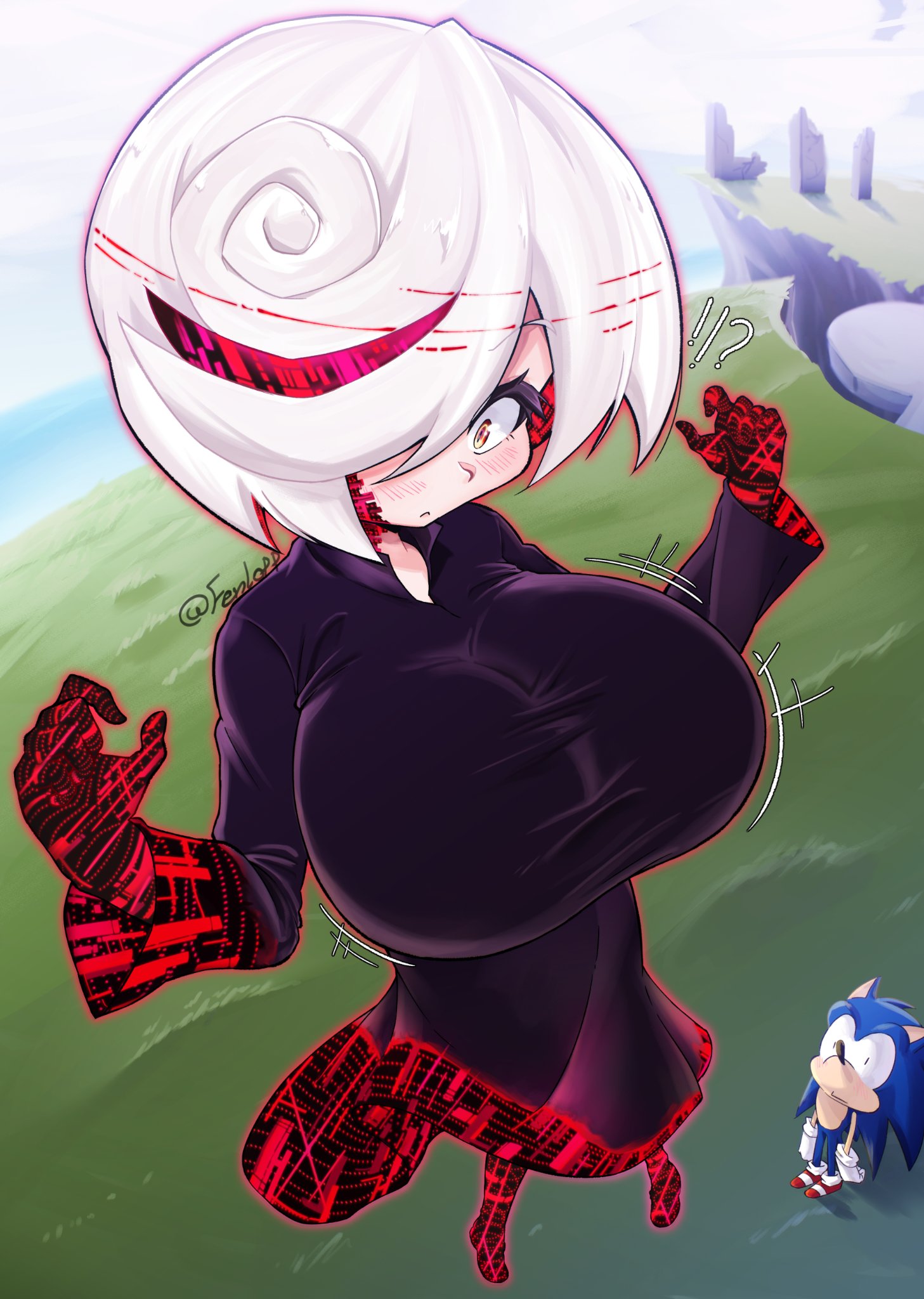 1boy, 1boy1girl, 1girls, artist request, breast expansion, breast growth, breast growth (enlargement), breasts, breasts bigger than head, fenlopp, huge breasts, large breasts, sage (sonic frontiers), sage (sonic), sega, shortstack, slim, slim female, slim waist, sonic (series), sonic frontiers, sonic the hedgehog, tagme