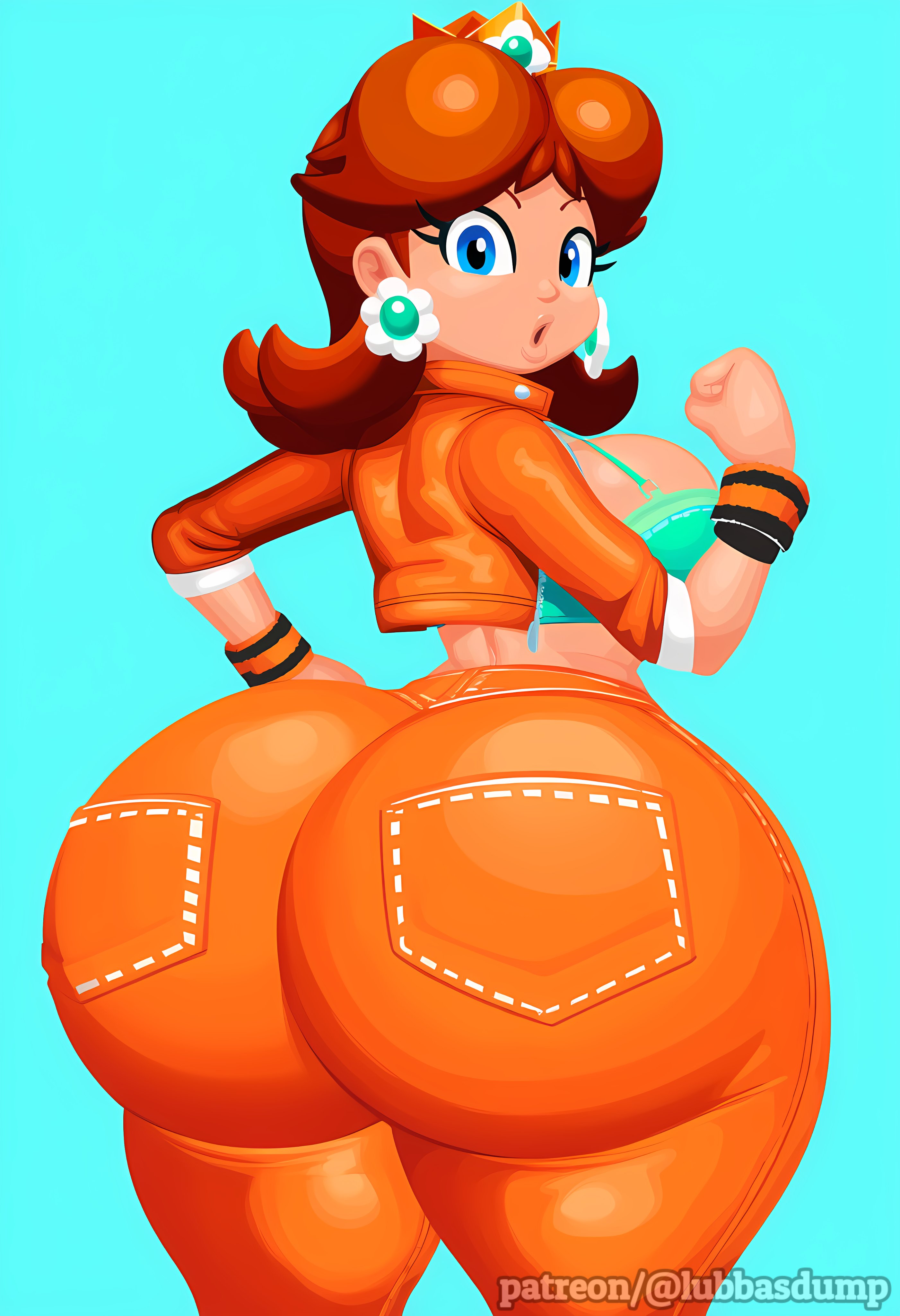 :o, 1girls, ai generated, ass, back pockets, big ass, big butt, bottom heavy, butt, crown, cum tribute material, earrings, female, huge ass, huge butt, jacket, jeans, lubbasdump, mario (series), nintendo, patreon link, patreon url, princess daisy, seam (sewing), seam lines, seams, super mario bros., wristband