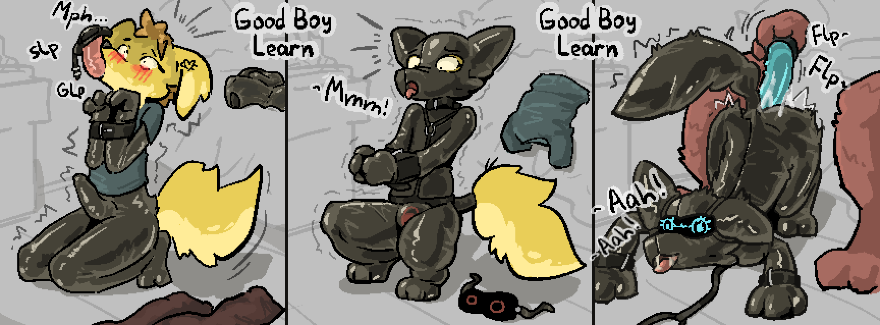 2026, all fours, anal, anal penetration, anthro, anthro on anthro, ass up, bdsm, black clothing, black latex, blush, blush lines, bodily fluids, bondage, bound, bulge, canid, canine, canis, chastity bulge, chastity cage, chastity device, clothing, collar, comic, crouching, degradation, digital media (artwork), dildo, dildo in mouth, dildo insertion, domestic dog, dominant, dominant male, drone, dronification, duo, encasement, english text, enjoying, femboy, fluffy, fluffy tail, forced, forced anal, forced transformation, from behind position, fur, gag, gagging, genital fluids, glistening, glistening body, glistening clothing, good boy, hair, hi res, humiliation, hypnosis, kneeling, latex, latex clothing, latex skinsuit, latex transformation, leash, lock bulge, lock symbol, looking pleasured, lyapotisha, male, male penetrating, male/male, mammal, mask, mind control, motion lines, multiple scenes, null bulge, object in ass, open mouth, oral, oral penetration, paw pose, penetration, petplay, plap, pose, puppyplay, questionable consent, restrained arms, roleplay, saliva, sensory deprivation, sex, sex toy, sex toy fellatio, sex toy in ass, sex toy in mouth, sex toy insertion, shaking, simple background, size difference, skinsuit, slave, smile, sound effects, spread legs, spreading, submissive, submissive male, tail, tail bondage, tail tied, text, tight clothing, tongue, tongue out, toying partner, training, transformation, trembling, vowelless, vowelless sound effect, wearing chastity device, wearing mask, wolf, yellow body, yellow fur