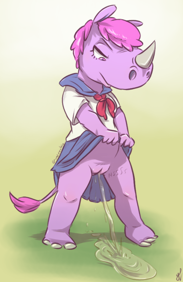 animal_crossing anthro bodily_fluids bottomwear clothed clothing clothing_lift conditional_dnp female genital_fluids genitals grumpyvulpix hair horn looking_down mammal nintendo peeing pink_hair pussy renee_(animal_crossing) rhinocerotoid short_hair skirt skirt_lift solo standing urine video_games watersports