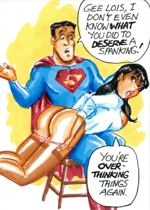 ass big_ass black_hair breasts clark_kent curvy dat_ass dc dc_comics dialogue female_focus humor joe_gravel large_breasts lois_lane panties_down pants_down sketch_card spanking speech_bubble superman superman_(series) text