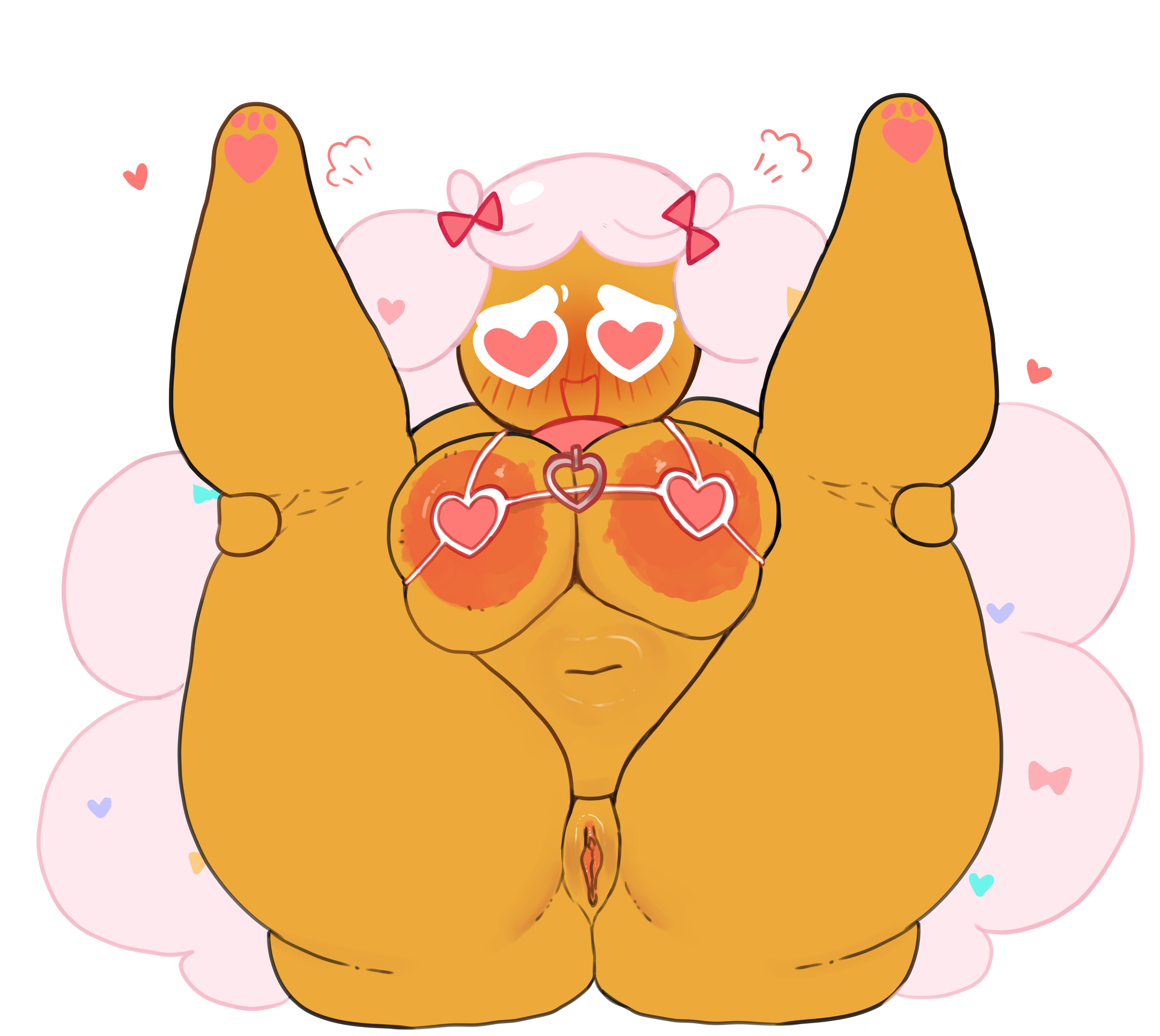 1girls, areolae visible through clothing, ass, bikini, bikini top, bikini top only, blush, breast squeeze, breasts, collar, cookie run, cookie run ovenbreak, cotton candy cookie, female only, functionally nude female, legs up, magpiered, magpieredd, pawpads, paws, pussy, spread legs, spreading, tan body, visible nipples