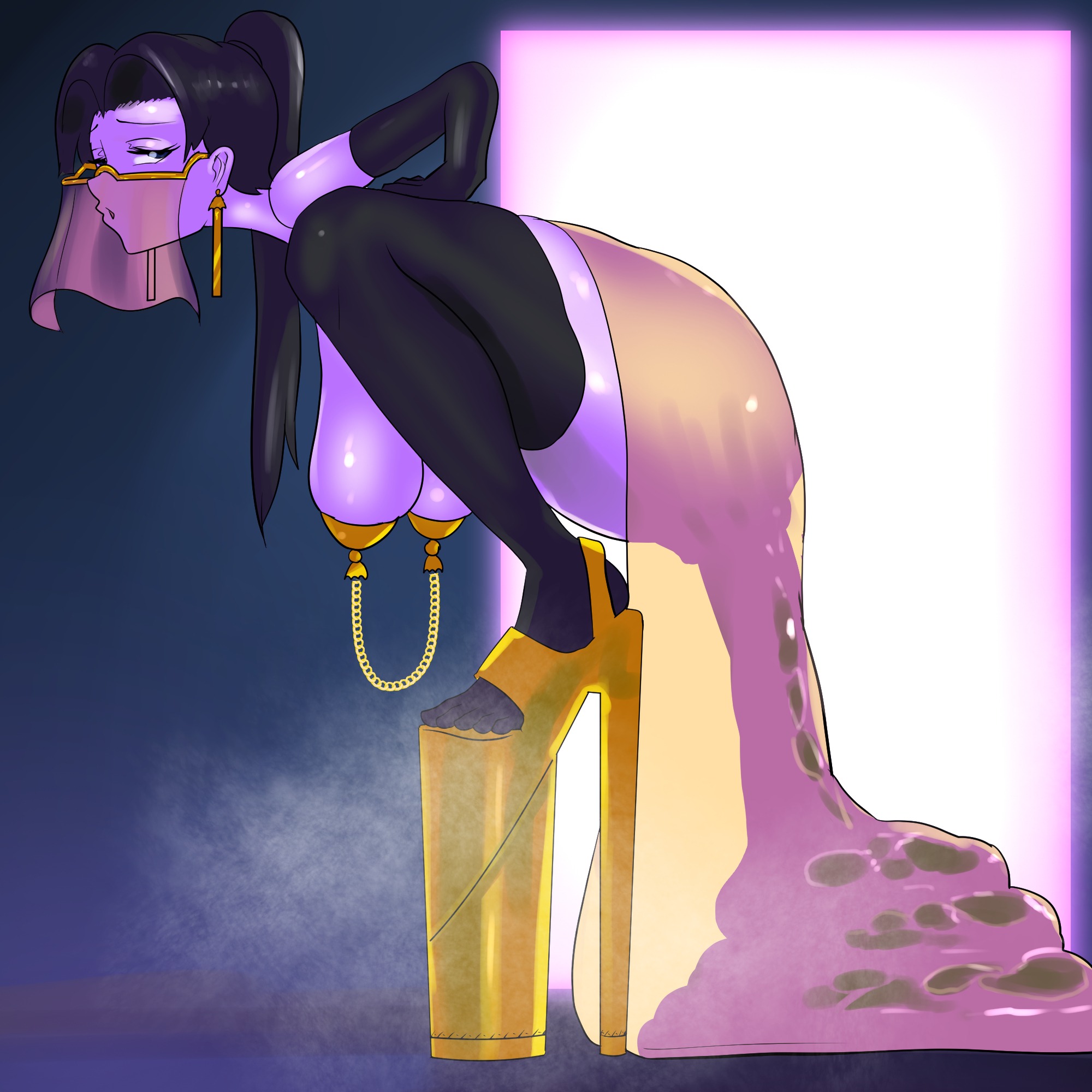 1girls, ambiguous anal expulsion, anal jelly, black hair, gold earrings, harem outfit, hyper feces, hyper scat, middle part, pon (artist), poop, pooping, pushing out, scat, veil, very high heels