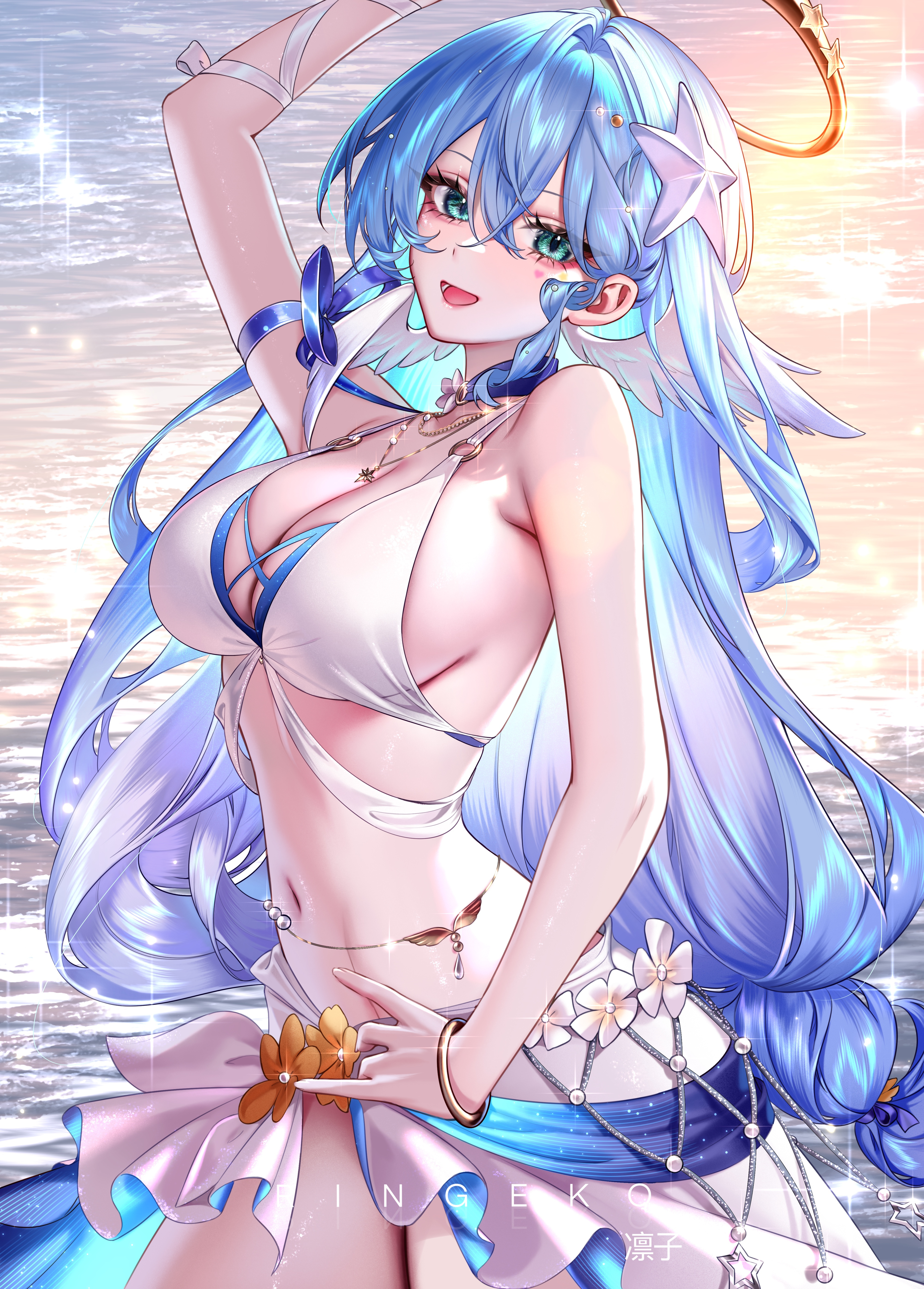 1girl, absurdres, alternate breast size (larger), aqua eyes, arm up, arms up, artist name, bare shoulders, beach, belly, belly button, big breasts, bikini, blue hair, bra, breasts, cleavage, commentary, cowboy shot, day, female, female focus, female only, green eyes, hair between eyes, hair intakes, hair ornament, halo, head wings, highres, honkai (series), honkai: star rail, jewelry, large breasts, long hair, looking at viewer, navel, ocean, official alternate costume, open mouth, outdoors, ponytail, ringeko-chan, robin (honkai: star rail), robin (summeretto) (honkai: star rail), sarong, sea, seaside, sideboob, smile, solo, stomach, swimsuit, thick thighs, thighs, very long hair, white bikini, white sarong, wings