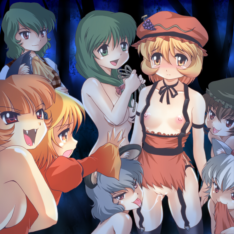 >:3 animal_ears blonde_hair bow breasts brown_hair cat_ears chen cunnilingus fangs female food front_ponytail fruit grapes green_eyes green_hair grey_hair hair_ribbon hairbow hat imminent_rape kagiyama_hina minoriko_aki momiji_inubashiri mouse_ears mouth_hold multiple_girls naughty_face nazrin nipples nude oral plaid plaid_vest pussy pussy_juice red_eyes red_hair ribbon rin_kaenbyou rope saliva saliva_trail shizuha_aki short_hair silver_hair tear thighhighs tokin_hat torn_clothes touhou uncensored wancozow wolf_ear yellow_eyes youkai yuka_kazami yuri