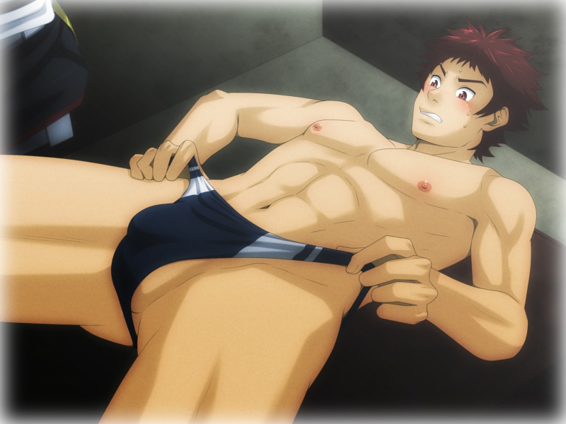 avan_hardins banana_hammock blush bulge clenched_teeth human izumi_nekotsuki lying male male_only muscles nipples red_eyes red_hair solo speedo swimsuit teeth uncensored valkyria_chronicles valkyria_chronicles_2