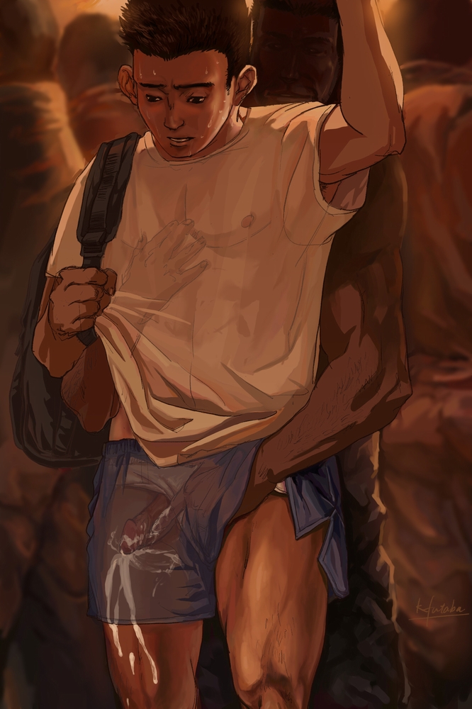 2boys, abs, armpit hair, backpack, blue shorts, blush, chest, chikan, clothed, cum, gay, handjob, handjob through clothing, handjob under clothes, kfutaba, male, male only, molestation, muscles, muscular, nervous, nipples, penis, penis through leghole, public, reach around, see-through, shirt, shorts, sweatdrop, tagme, train interior, underwear, white shirt, white underwear, yaoi