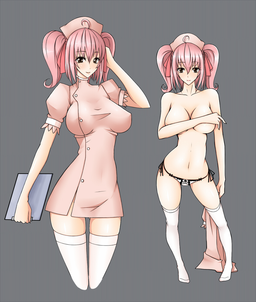 alternate_breast_size breasts brown_eyes chansey clipboard covering emukon hair_ribbon huge_breasts looking_at_viewer nurse nurse_outfit panties pink_hair pokemon ribbon side-tie_panties stockings thighhighs tied_hair twintails underwear white_legwear white_thighhighs