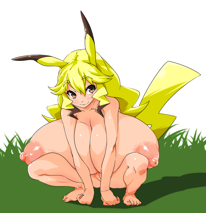 1girls all_fours animal_ears barefoot breasts brown_hair cleavage completely_nude completely_nude_female crouched crouching curly_hair female female_only full_body humanized humanized_pokemon hyper hyper_breasts long_hair naked naked_female nekomamire nintendo nipples nude nude_female personification pikachu pokemon puffy_nipples pussy smile solo solo_female squatting tail what