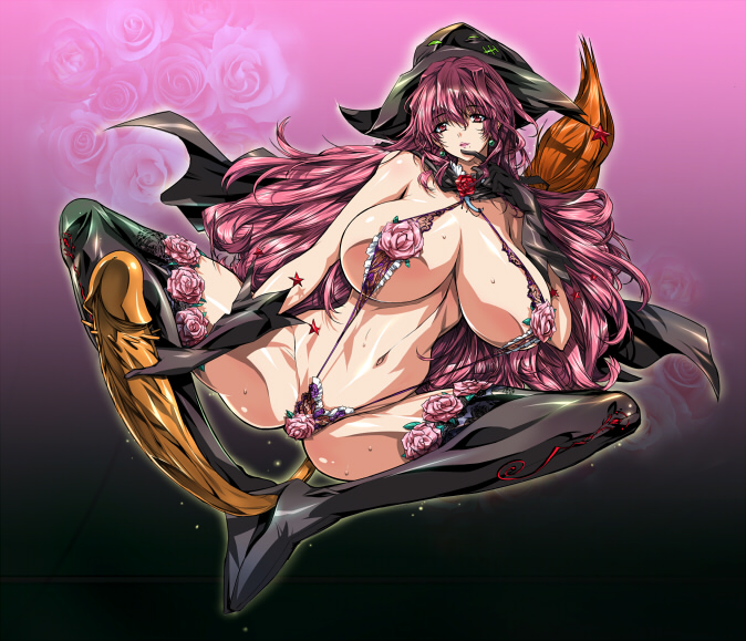 female boots broom broom_riding cape finger_to_mouth flower flying hat high_boots huge_breasts long_gloves long_hair original penis penis-shaped_object purple_hair q_azieru revealing_clothes rose sling_bikini solo swimsuit thigh_boots thighhighs very_long_hair witch