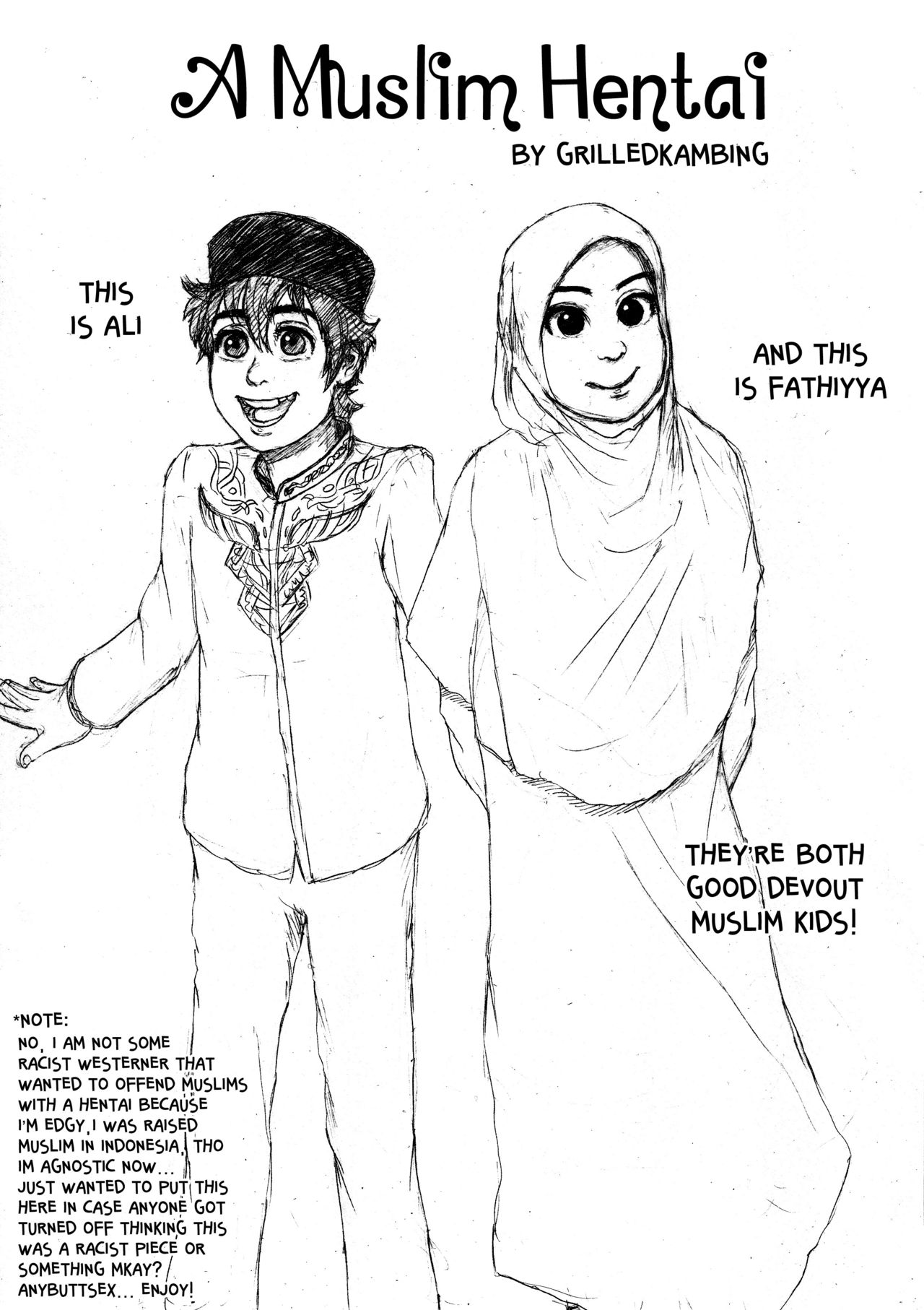 1boy, 1futa, dickgirl, femboy, futanari, grilled kambing, hijab, hijab futa, intersex, male, monochrome, original