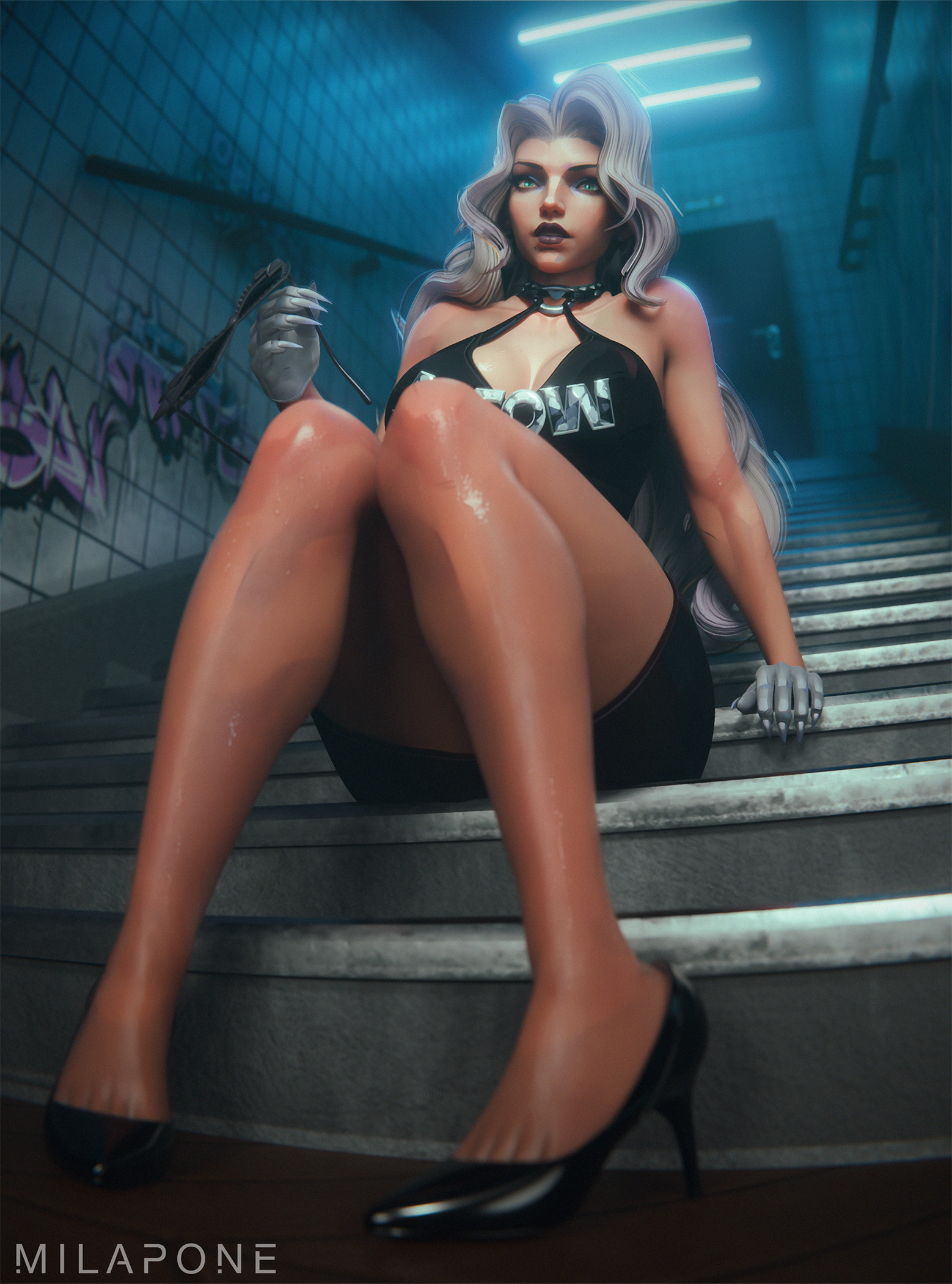 1girls, 2026, 3d, 3d (artwork), alluring, big breasts, black cat (marvel rivals), black cat (marvel), black cat (urban predator), breasts, curvaceous, curvaceous body, curvaceous female, curvaceous figure, curvaceous hips, curvy, curvy body, curvy female, curvy figure, curvy hips, earrings, enticing, felicia hardy, female, green eyes, high heels, huge breasts, large breasts, light skin, light-skinned female, looking at viewer, marvel, marvel comics, marvel rivals, massive breasts, milapone, purple lipstick, seducing, solo, spider-man (series), teasing, teasing viewer, temptation, tempting, tempting viewer, thick breasts, toe cleavage, unmasked, white hair