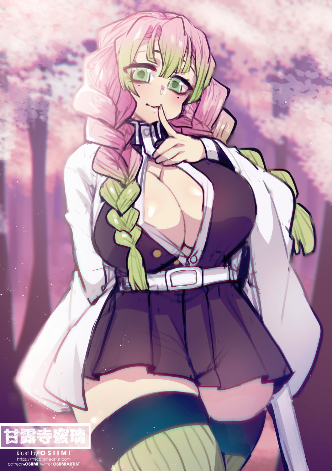 1girls, big breasts, blush, braided hair, breasts, cleavage, demon slayer, female, finger to mouth, gradient hair, green eyes, green hair, haori, kanroji mitsuri, kimetsu no yaiba, looking at viewer, mature female, miniskirt, osiimi, pink hair, pink-haired female, pleated skirt, solo, thick thighs, thighhighs, unbuttoned shirt