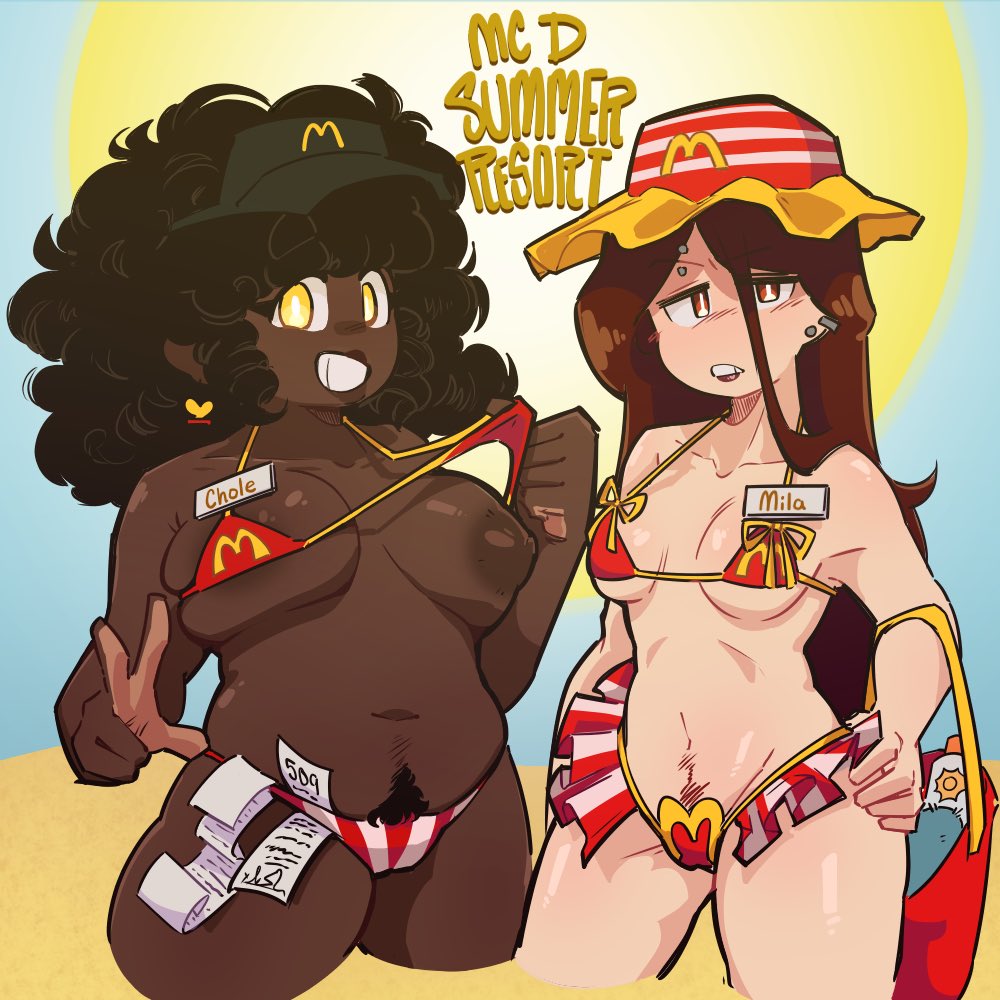 2026, 2d, 2girls, astranger, bikini, black hair, breasts, breasts out, brown hair, bucket hat, dark skin, dark-skinned female, duo, earrings, employee, fast food, female, female only, hair, hat, human, human only, light skin, light-skinned female, looking at viewer, mcdonald's, mcdonalds bikini, nipples, original character, pubes, red eyes, revealing breasts, summer, thighs, twitter link, visor, yellow eyes, yvl
