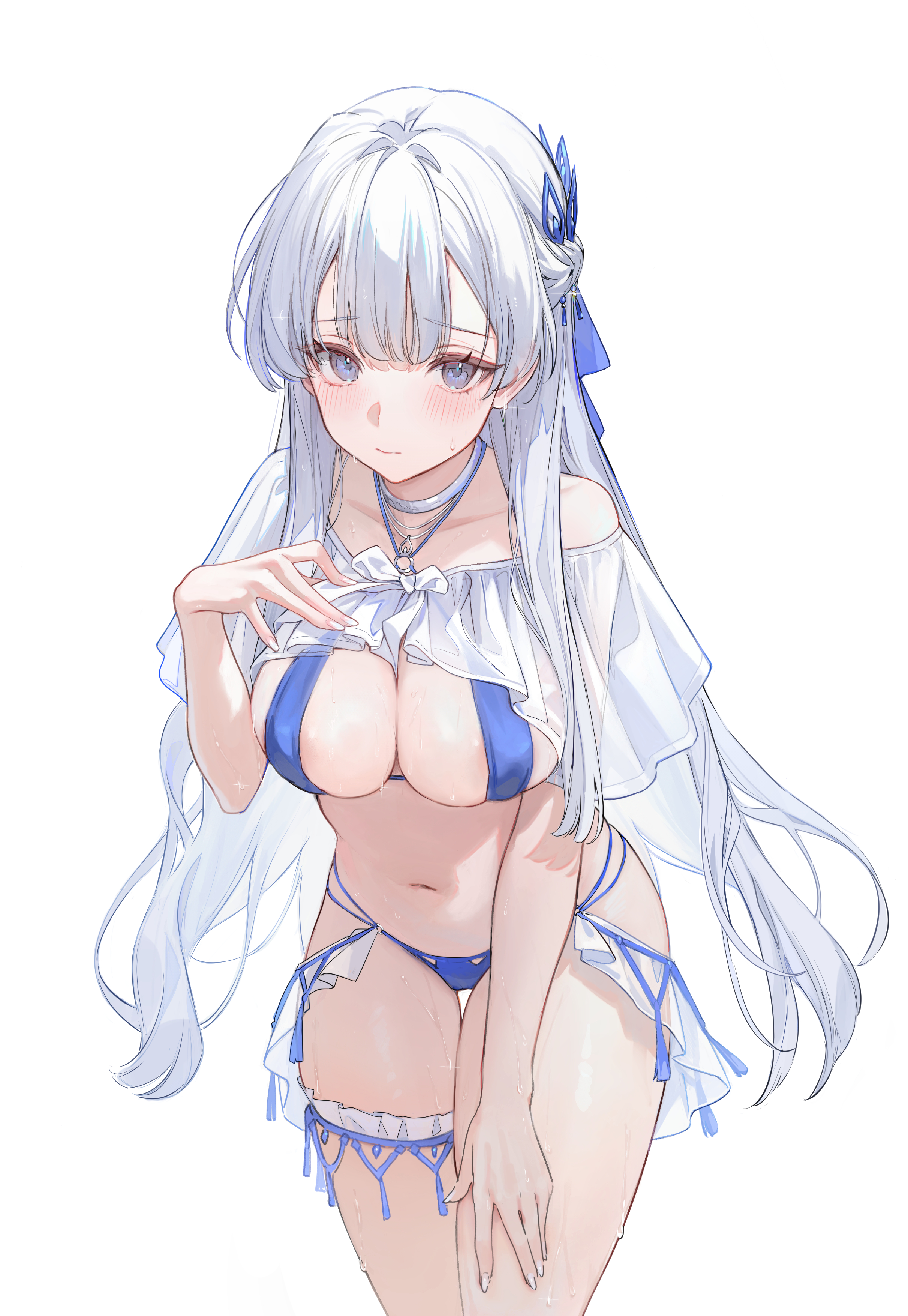 1girl, 1girls, absurdres, argus (azur lane), ass, azur lane, big breasts, bikini, blue bikini, blue eyes, blue ribbon, blush, braid, breasts, choker, collarbone, cowboy shot, criss-cross halter, hair ornament, hair ribbon, half up braid, halterneck, hand up, highres, leaning forward, long hair, long sidelocks, looking at viewer, navel, nekojira, o-ring, o-ring bikini, official alternate costume, ribbon, see-through, simple background, stomach, swimsuit, thigh gap, thigh strap, thighs, very long hair, water, wet, white background, white hair