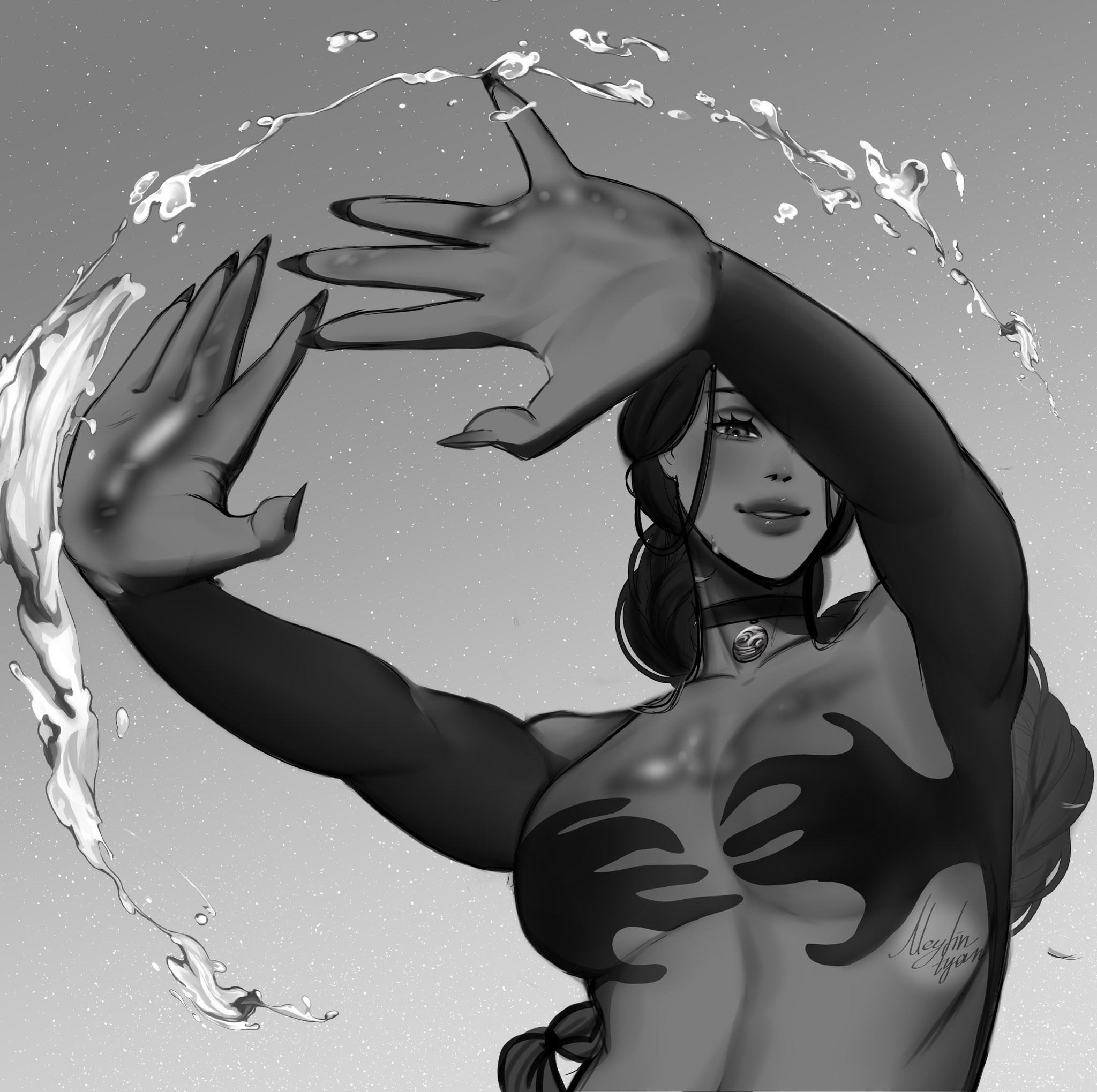 1girls, artistic nude, avatar the last airbender, black and white, breasts, choker, convenient censoring, female, female only, hands casting shadow, katara, meylin tyan, solo, solo female, tagme