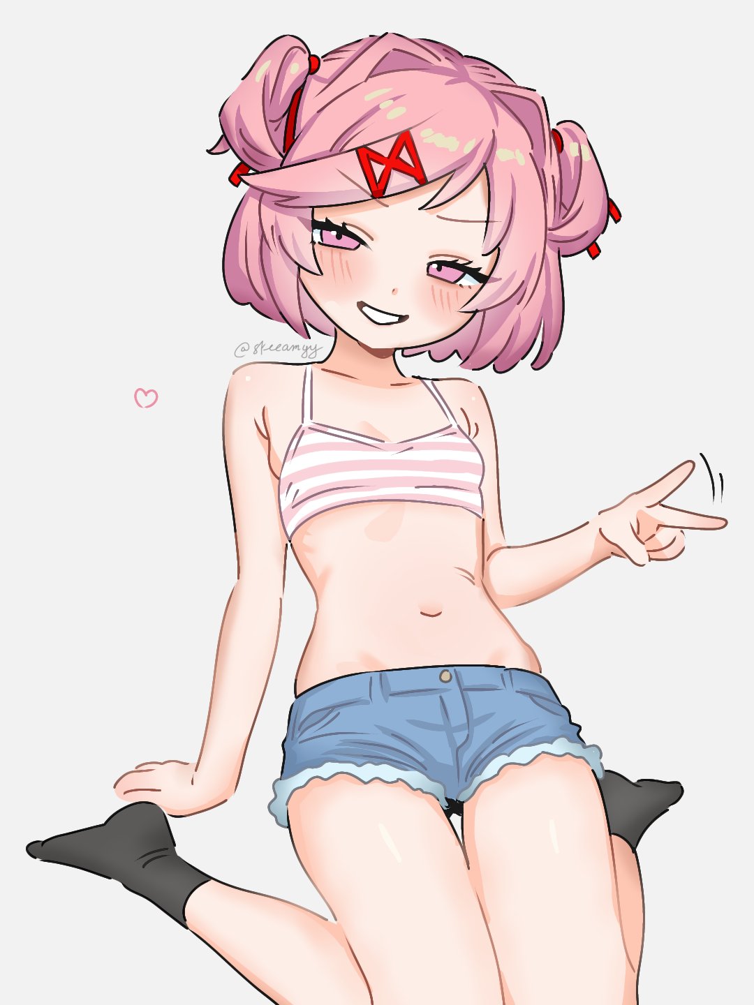 1girl, arm support, artist name, bare shoulders, black socks, blue shorts, blush, bob cut, breasts, casual, commentary, cutoffs, denim, denim shorts, doki doki literature club, eyelashes, grin, hair intakes, hair ornament, hair ribbon, head tilt, heart, highres, leaning back, looking at viewer, lowleg, lowleg shorts, midriff, motion lines, narrowed eyes, natsuki (doki doki literature club), naughty face, navel, no shoes, parted lips, pink eyes, pink hair, pink sports bra, red ribbon, ribbon, romaji commentary, short hair, short shorts, shorts, signature, simple background, sitting, skreamyy, small breasts, smile, socks, solo, spaghetti strap, sports bra, striped sports bra, swept bangs, thigh gap, twitter username, two side up, two-tone sports bra, v, v-shaped eyebrows, wariza, white background, white sports bra, x hair ornament