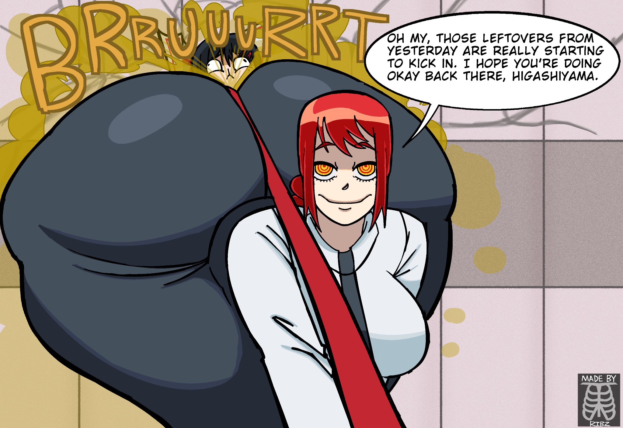 , alternate version available, chainsaw man, dialogue, fart, fart cloud, fart fetish, farting on face, higashiyama kobeni, hyper ass, kobeni higashiyama, leash, leash pull, makima (chainsaw man), makima fart inflation, meme, ribzbutevil, speech bubble, yuri