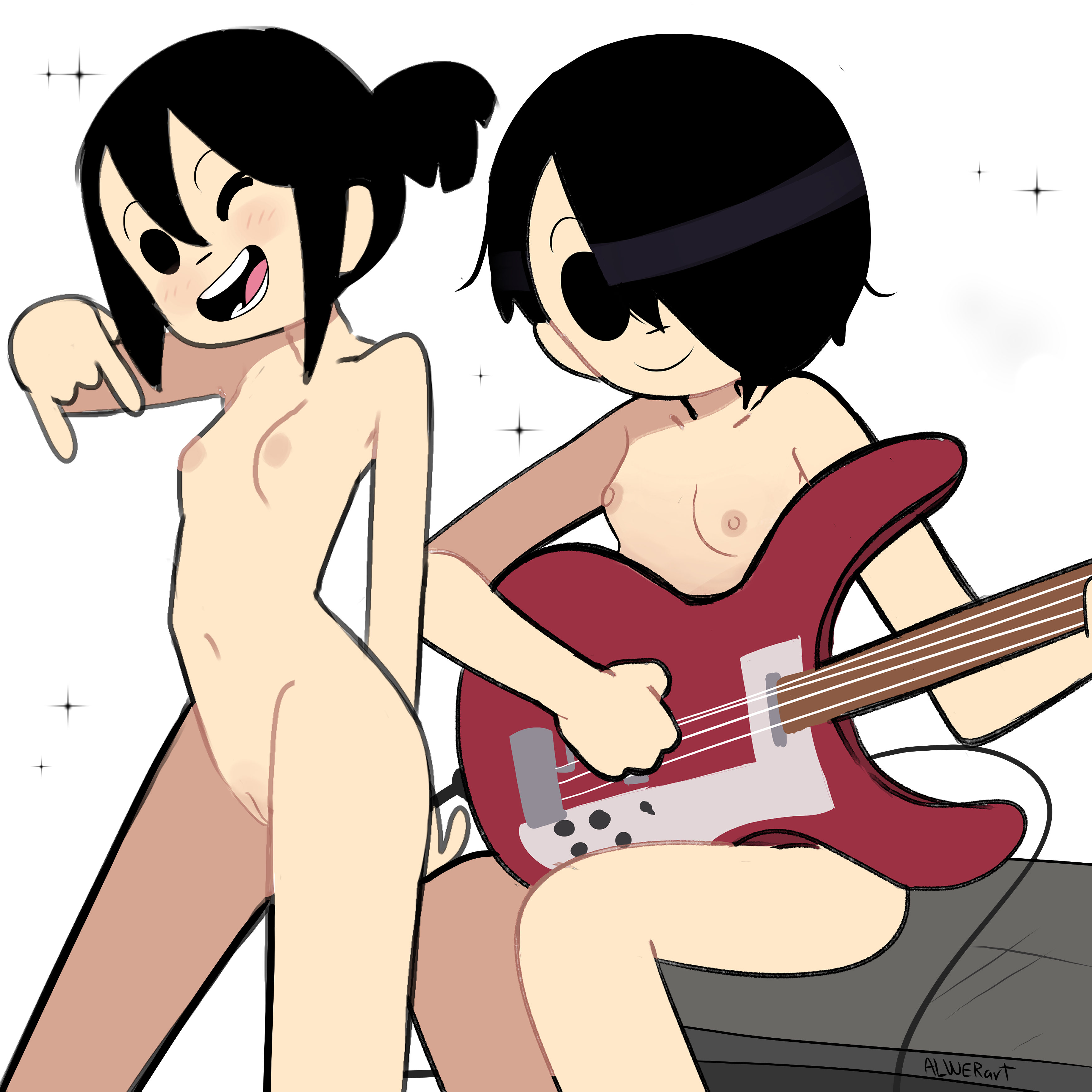 1girls, alwerart, black hair, casual, casual nudity, female, guitar, human, knives chau, nonsexual, nonsexual nudity, nude, pale skin, playing guitar, scott pilgrim, small breasts, solo, v, wink