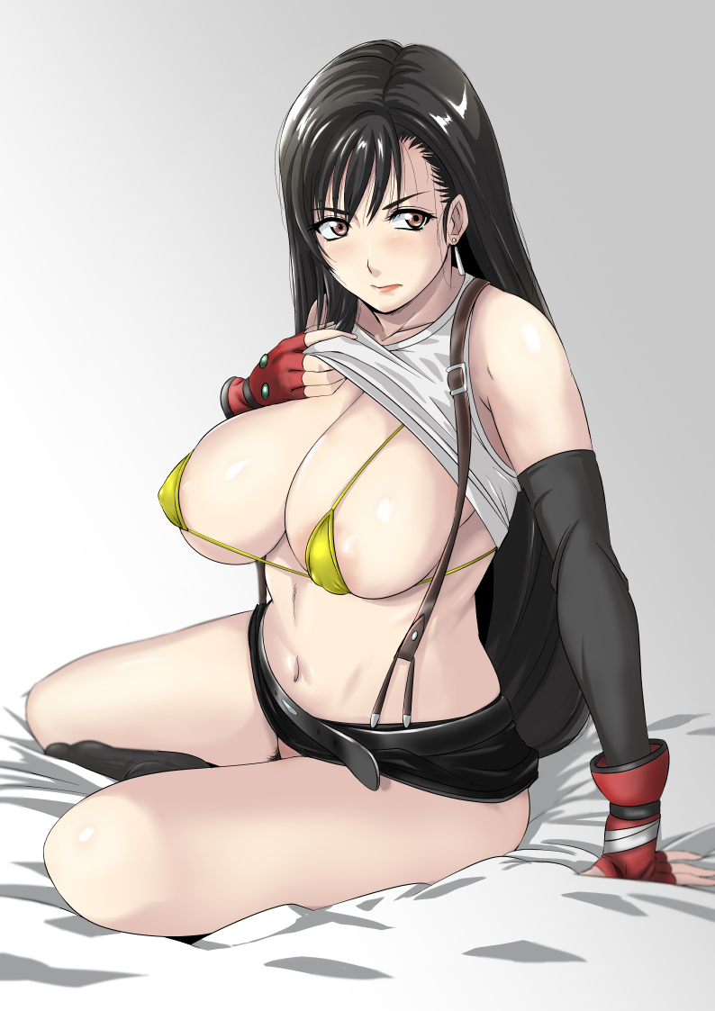 1girls, big breasts, bikini top, black hair, black-haired female, breasts, brown eyes, embarrassed, female, female only, final fantasy, final fantasy vii, gloves, long hair, minpei ichigo, nipples, nipples visible through clothing, shirt lift, skirt, solo, solo female, solo focus, square enix, thick thighs, tifa lockhart