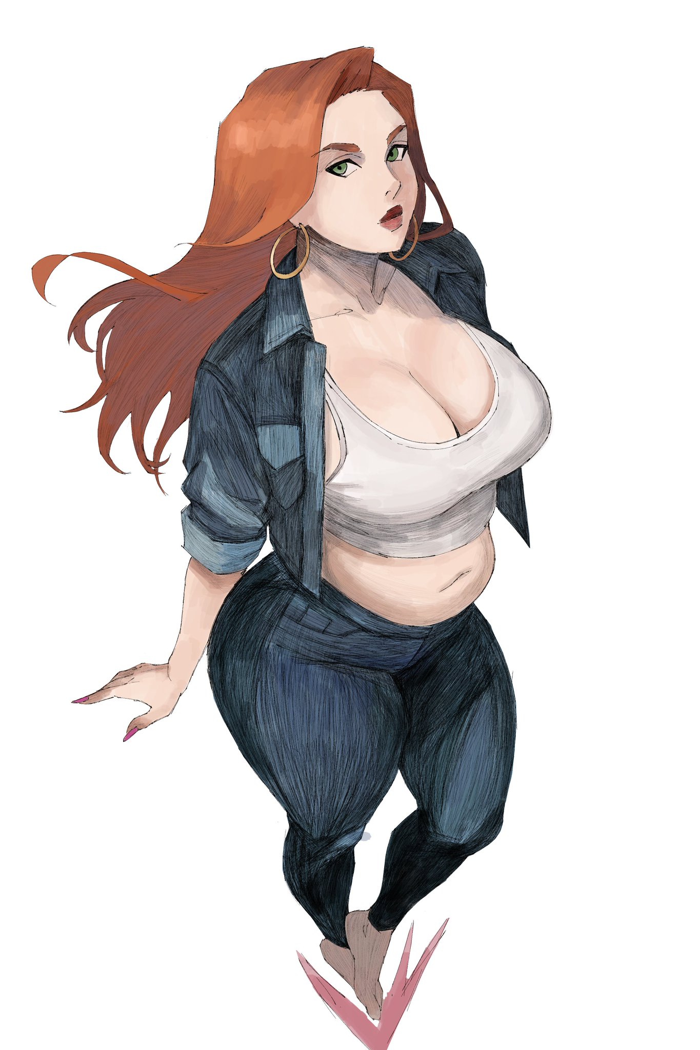1girls, 2d, atom eve, barefoot, big ass, big breasts, chubby, chubby female, cleavage, curvaceous, curvy, curvy figure, earrings, feet, female focus, female only, green eyes, hex mamaniac, hoop earrings, hoop earrings oversized, huge ass, huge breasts, invincible, invincible (tv series), jeans, jpeg, large ass, large breasts, official alternate costume, orange hair, pink fingernails, powers, pudgy belly, red hair, samantha eve wilkins, simple background, slightly chubby, slightly chubby female, solo, solo female, solo focus, thick legs, thick thighs, thighs, twitter link, voluptuous, voluptuous female, white background, white shirt, wide hips, wide thighs