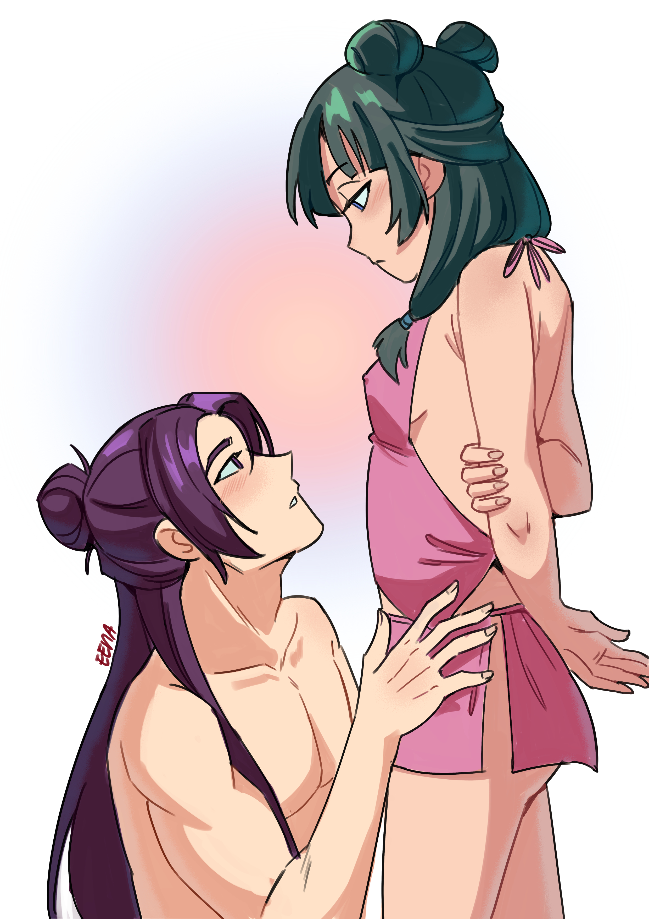 1boy, 1boy1girl, 1girls, apron, artist name, artist signature, bathrobe, blue eyes, blush, breasts, cleavage, color, eenakulot, eyebrows visible through hair, gradient background, green hair, hair bun, half-closed eyes, highres, jinshi (kusuriya no hitorigoto), kneeling, kusuriya no hitorigoto, lighting, long hair, looking at another, maomao (kusuriya no hitorigoto), muscular, muscular male, nipples visible through clothing, partially clothed, purple eyes, purple hair, shirtless, side view, slight blush, small breasts, standing, straight, tied hair, twin buns, watermark