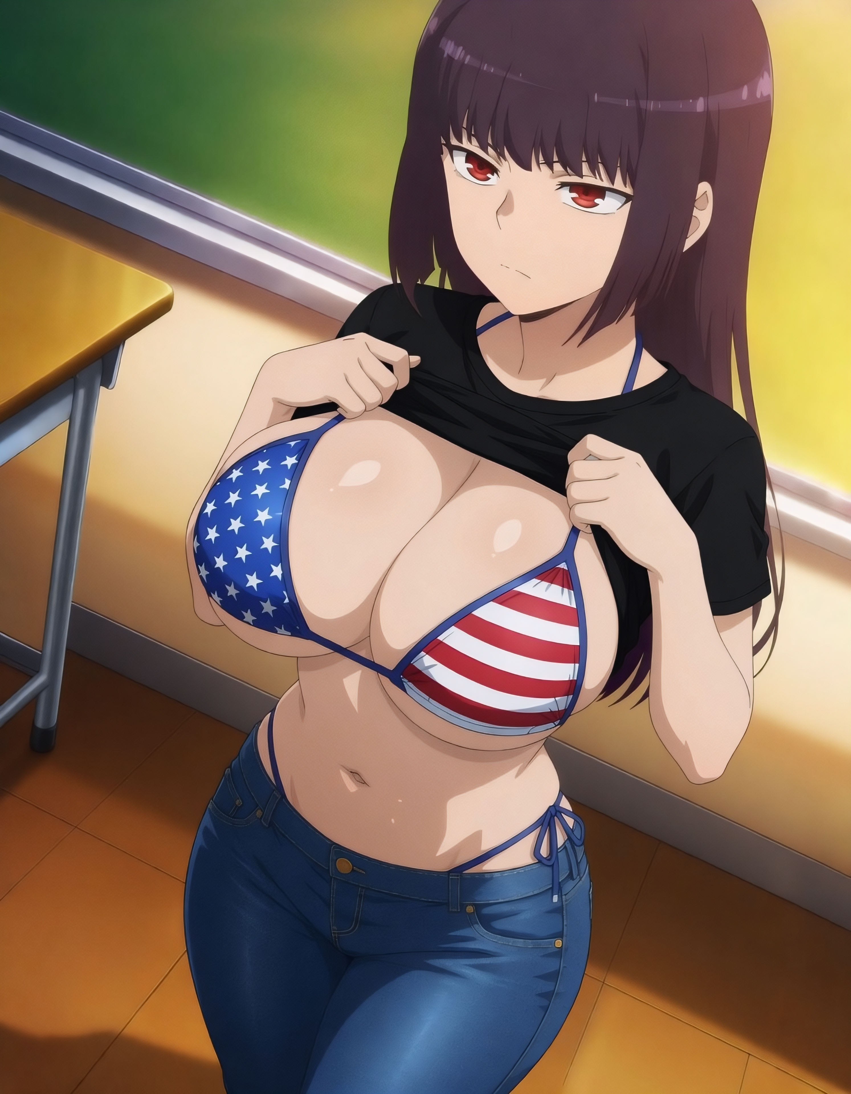 1girls, ai generated, american flag, american flag bikini, big breasts, bikini, black shirt, breasts, classroom, female, female focus, female only, indoors, inside, large breasts, lifting shirt, pants, please don't bully me, nagatoro, president (nagatoro), purple hair, red eyes, sana sunomiya, shirt, shirt lift, tagme