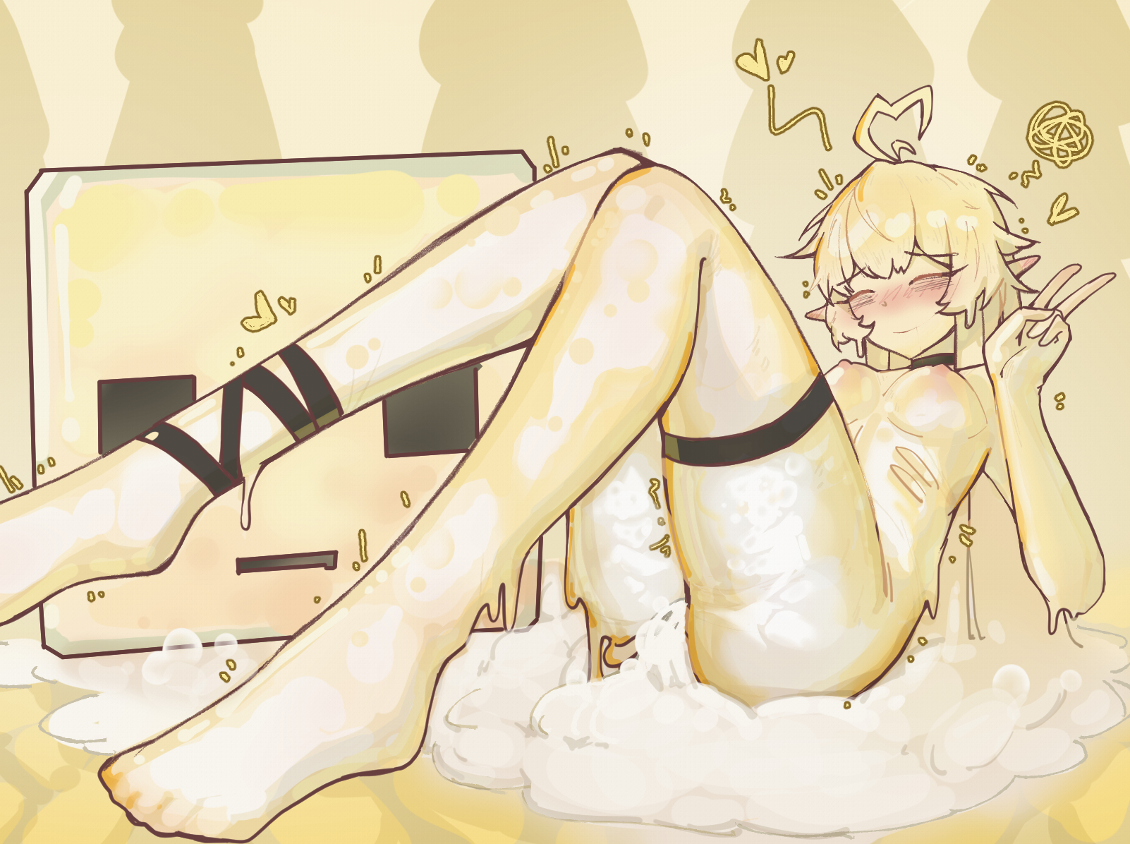 1girls, amber (hupo499179561), boobs, breasts, completely nude, completely nude female, eyebrows visible through hair, female, minecraft, nipples, no bra, no panties, nude, nude female, pointy ears, sulfur cube (minecraft), thick thighs, thighs, tits, v sign, woman