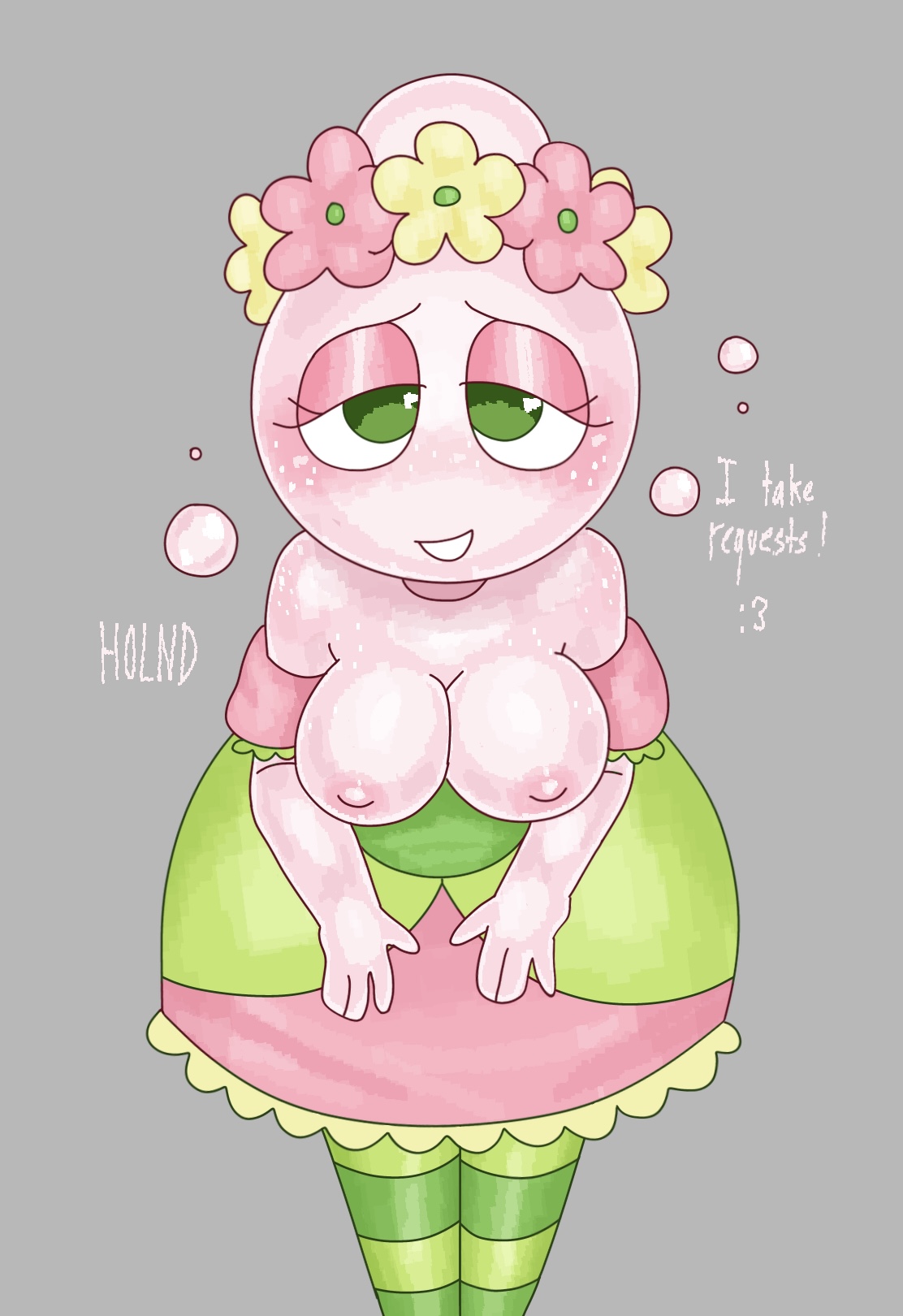 1girl, 1girls, bedroom eyes, bent over, big boobs, big breasts, bubble, dandy's world, dandys world, dress, dress down, floral suds poppy, flower, flower crown, flower on head, flowers, holnd, large boobs, large breasts, looking at viewer, partially clothed, partially nude, partially undressed, poppy (dandy's world), showing boobs, showing breasts, striped legwear, striped thighhighs