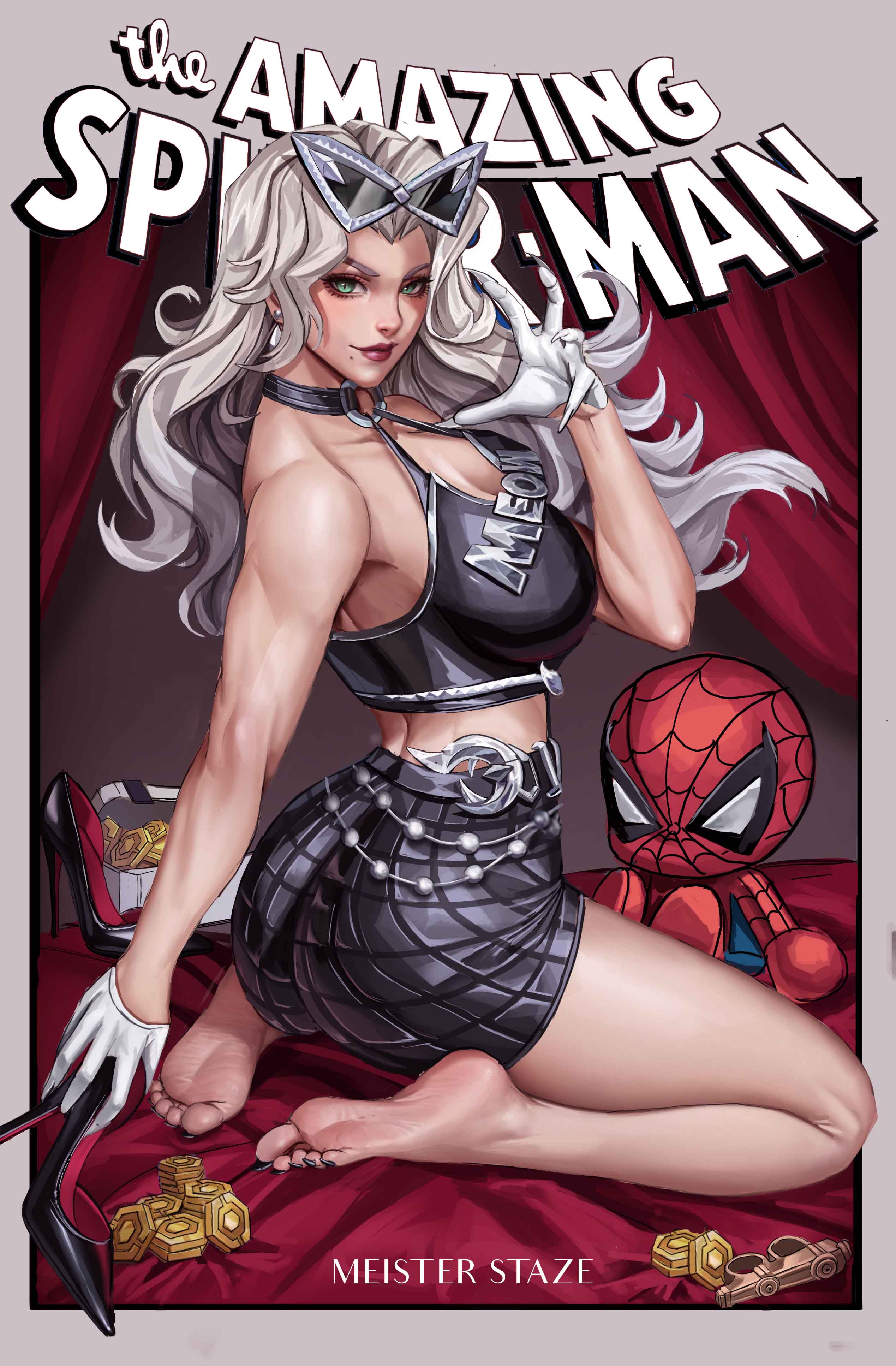 1girls, 2026, 2d, alluring, barefoot, big breasts, black cat (marvel rivals), black cat (marvel), black cat (urban predator), breasts, color, colored, curvaceous, curvaceous body, curvaceous female, curvaceous figure, curvaceous hips, curvy, curvy body, curvy female, curvy figure, curvy hips, earrings, enticing, felicia hardy, female, green eyes, huge breasts, large breasts, light skin, light-skinned female, looking at viewer, marvel, marvel comics, marvel rivals, massive breasts, meister staze, pinup, seducing, solo, spider-man (series), teasing, teasing viewer, temptation, tempting, tempting viewer, thick breasts, unmasked, white hair