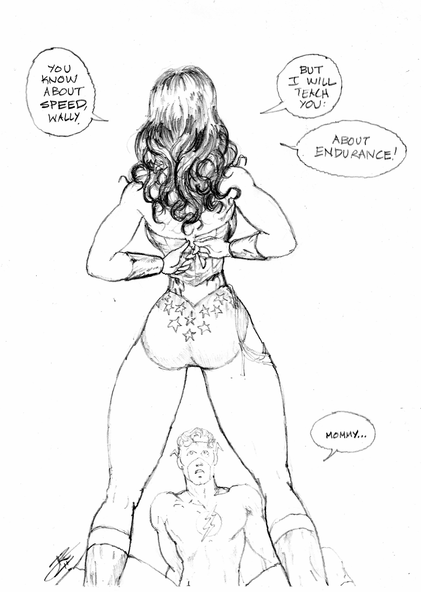 1boy 1girls ass dc_comics dialogue diana_prince dominant_female female imminent_sex justice_league kid_flash ksennin long_hair monochrome sketch speech_bubble standing_sex text the_flash_(series) undressing wally_west wonder_woman wonder_woman_(series)