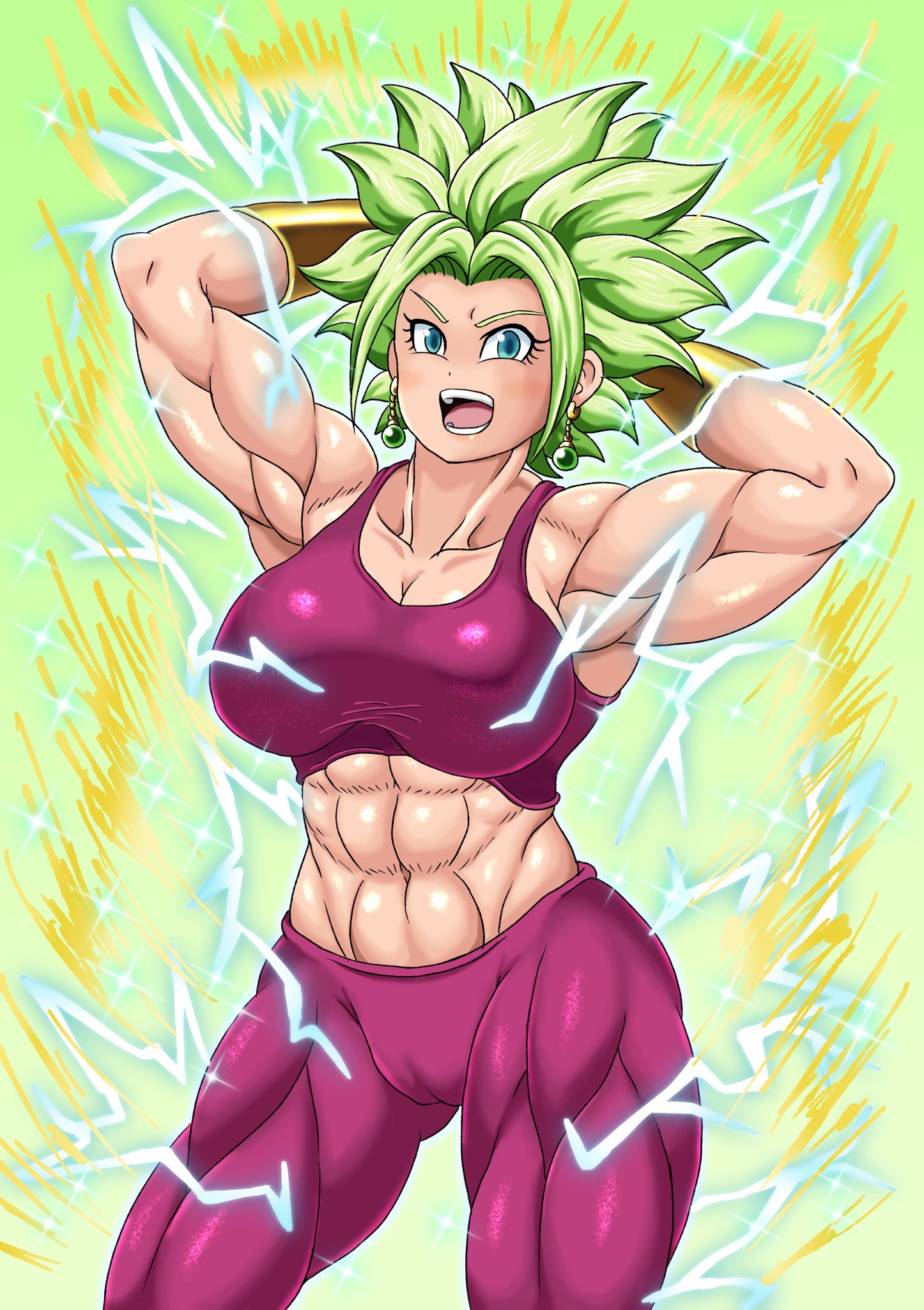 1girls, abs, big breasts, blue eyes, breasts, dragon ball, dragon ball super, electricity, female, female only, fusion, green hair, kefla, muscular, muscular female, muscular thighs, potara earrings, r0771, renshirou, renzaburo0771, saiyan, solo, solo female, solo focus, spiky hair, super saiyan, super saiyan 2, thigh highs