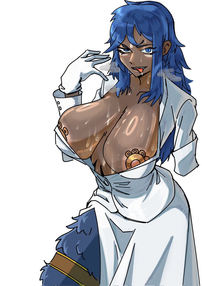 1girls, amputee, animal legs, areola, areolae, blue eyes, blue hair, breasts, breasts bigger than head, breasts out, brown body, dark skin, dark-skinned female, female, female focus, female only, fur, gloves, limbus company, looking at viewer, nipples, nipples covered, oldowan, project moon, rufo (limbus company), solo, solo female, solo focus, sweat, sweatdrop, sweater, sweating, sweaty, sweaty body, sweaty breasts, tagme, tongue, tongue out