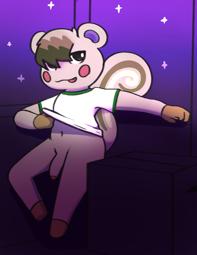 animal_crossing anthro bottomless clothed clothing genitals male male_only mammal marshal_(animal_crossing) ncpk nintendo penis presenting rodent sciurid solo video_games