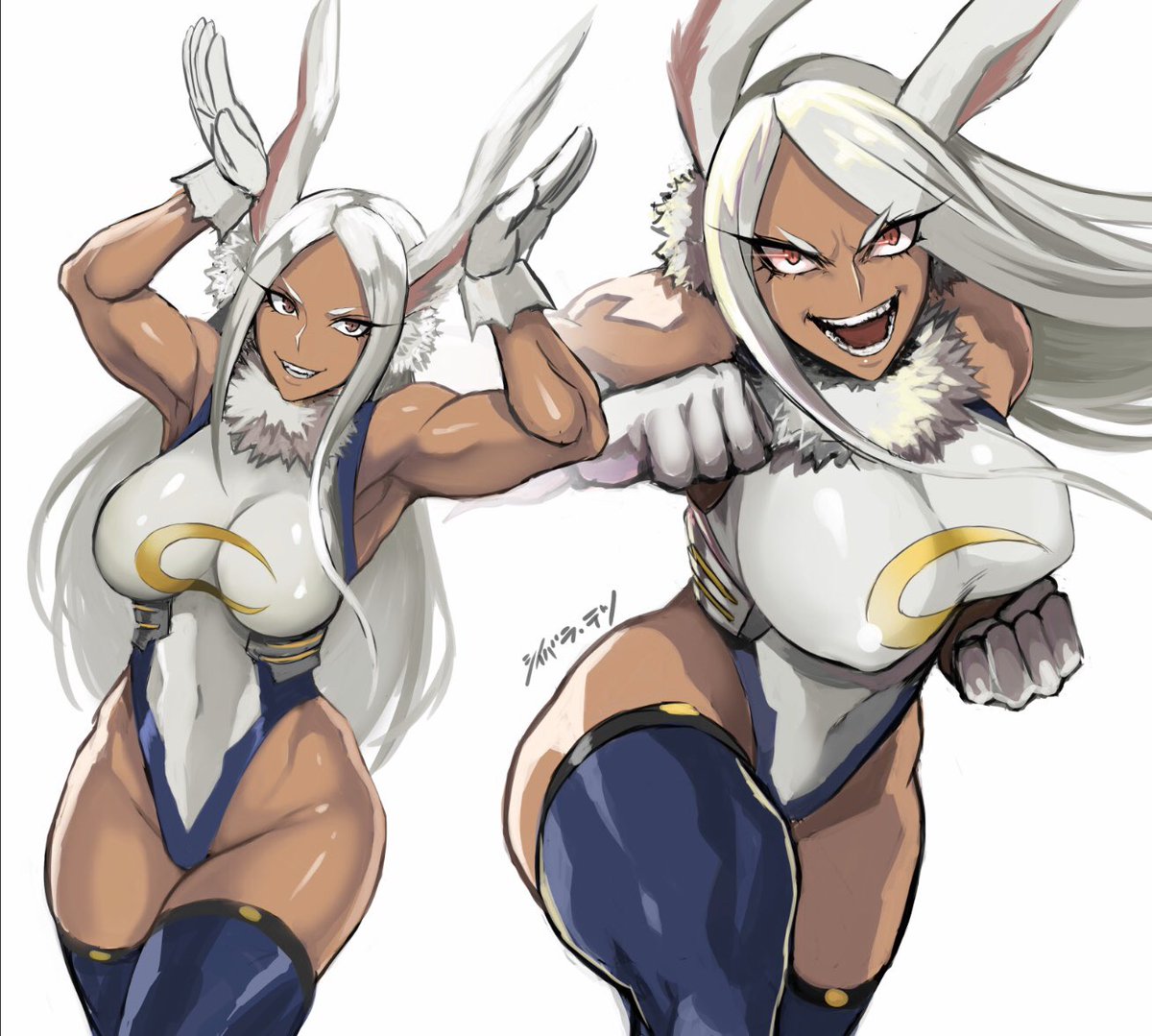 1girls, big breasts, breasts, bunny ears, cleavage, dark skin, dark-skinned female, female, female only, female superhero, gloves, hero outfit (mha), large breasts, looking at viewer, miruko, muscles, muscular, muscular female, my hero academia, rabbit ears, rabbit humanoid, rumi usagiyama, shibusun, solo, superhero, superheroine, thick thighs, white background, white gloves, wide hips