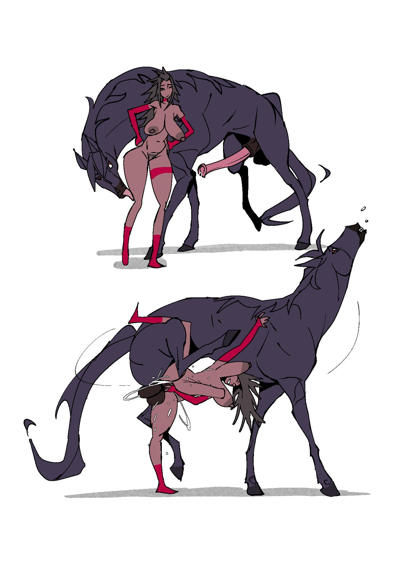 balls, big penis, black hair, breasts, bulge, cum, cum inside, dark nipples, dark skin, deep penetration, dominant, domination, equine, female, female on feral, feral, feral on female, feral on human, feral penetrating, feral penetrating human, horse, horsecock, human, human female, human on feral, jijis-waifus, nipples, stomach bulge, tall female, thighs, zoophilia