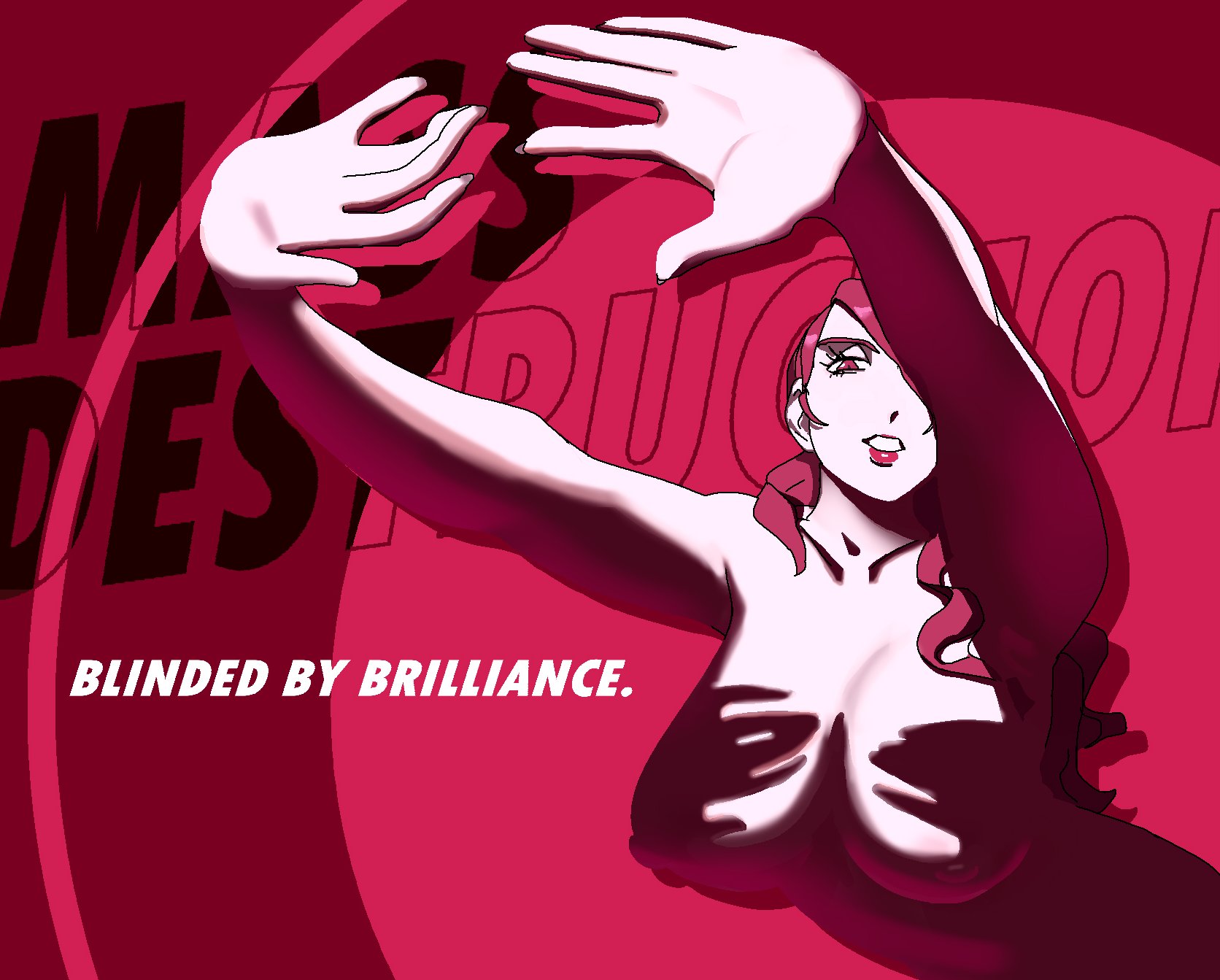 1girls, 2d, atlus, breasts, busty, dolecat, effectively nude, female, female only, functionally nude, functionally nude female, hair over one eye, hands casting shadow, hands up, large breasts, light skin, light-skinned female, lips, lipstick, meme, mitsuru kirijo, naked, naked female, nipples, nude, nude female, obscured breasts, persona, persona 3, pink eyes, pink hair, pink lipstick, red hair, shadow, solo, solo female