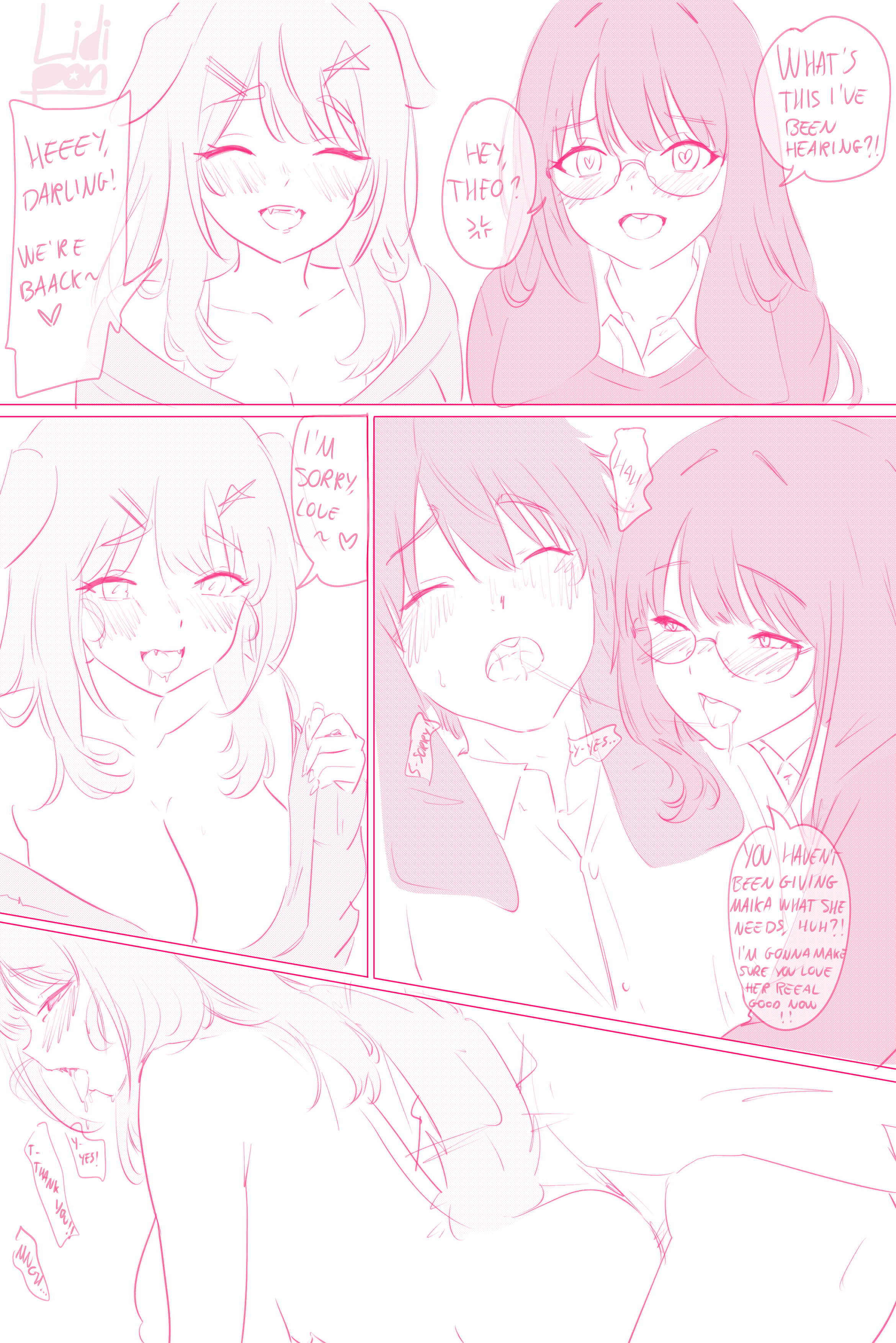 1boy, 1girl1boy, 2girls, angry, bangs, big boobs, big breasts, boobs, bunny, bunny boy, bunny ears, bunny girl, clothing, comic, comic page, comic panel, comic strip, dialogue, dialogue box, dog, dog ears, dog girl, dog tail, doggy position, doggy style, doggystyle, dress shirt, drool, drooling, english, english dialogue, english text, female, glasses, hair, hair ornament, helena (lidipon), horny female, implied penetration, implied sex, lidipon, long hair, long sleeves, maika (lidipon), male, monochrome, naked, naked female, original, original artwork, original character, original characters, penetration, penetration from behind, pink, saliva, saliva string, saliva trail, sex, sex from behind, sexy pose, shirt, shirt lift, theo (lidipon), threesome, tongue, tongue out, undressed, undressing