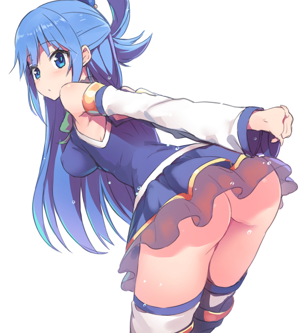10s, aqua (konosuba), armpit peek, arms behind back, ass, bare shoulders, blue dress, blue eyes, blue hair, blue skirt, blush, detached sleeves, dress, female, from behind, hair ornament, impossible clothes, impossible shirt, interlocked fingers, kono subarashii sekai ni shukufuku wo!, leaning forward, long hair, looking back, matching hair/eyes, no panties, shirt, simple background, skirt, solo, stretch, tam-u, thighhighs, very long hair, water drop, white background
