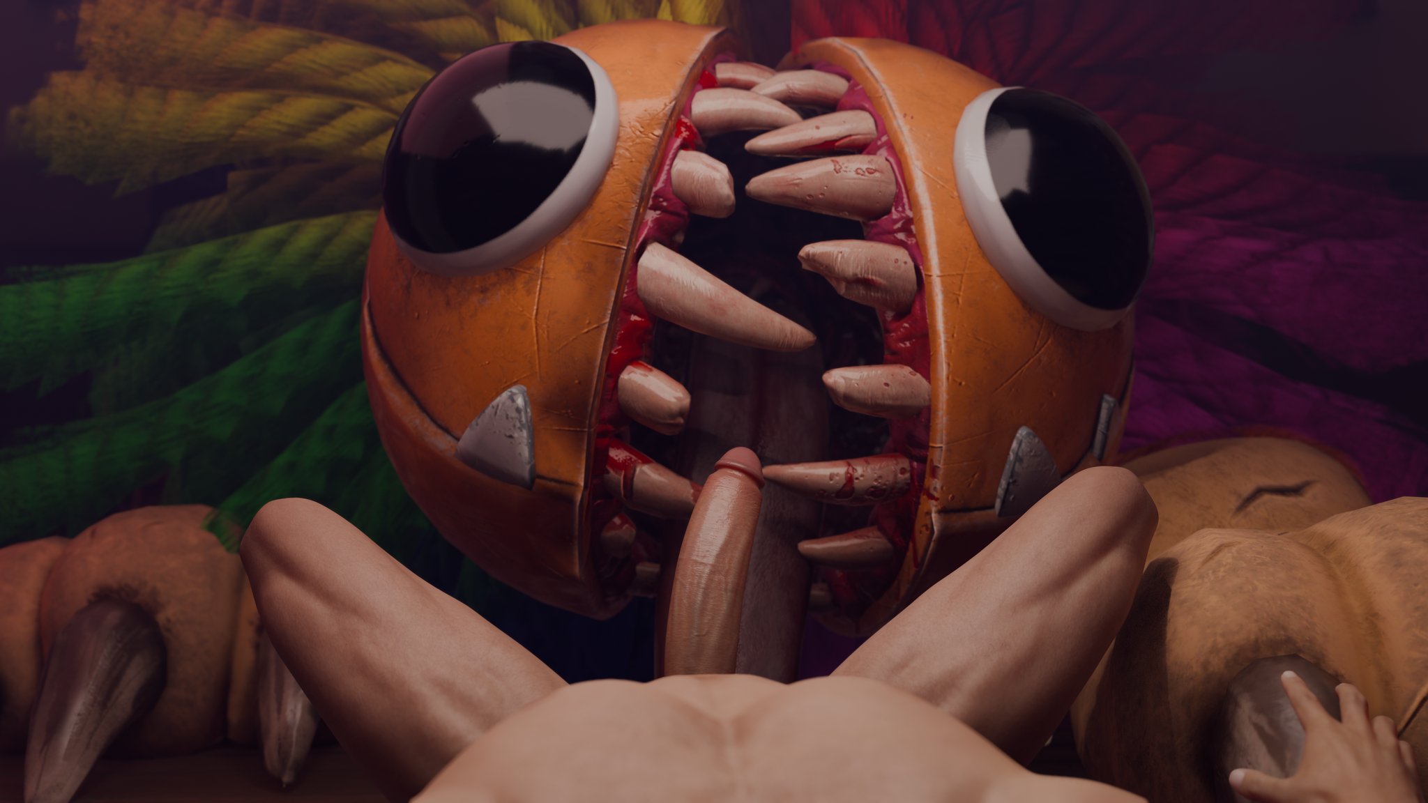 2boys, 3d, 3d (artwork), 3d artwork, 3d model, 3d render, anon, anonymous male, bestiality, big eyes, blood drip, blood in mouth, blood on teeth, butcher (poppy playtime), claws, claws out, cock, cock in mouth, dick, dick in mouth, eyes, feral, feral focus, feral on human, feral only, greenkook36845, gums (mouth), gums showing, hi res, highres, human on feral, male, male only, mascot horror, mob entertainment, mob games, on ground, paws, penis, penis in mouth, player (poppy playtime), poppy playtime, poppy playtime (chapter 4), pov, pov male, protagonist (poppy playtime), rainbow fur, rainbow mane, rows of teeth, sharp teeth, split mouth, spread legs, submissive, submissive feral, teeth, teeth showing, white body, white skin, yarn, yarnaby (poppy playtime), yellow body, yellow fur, zoophilia