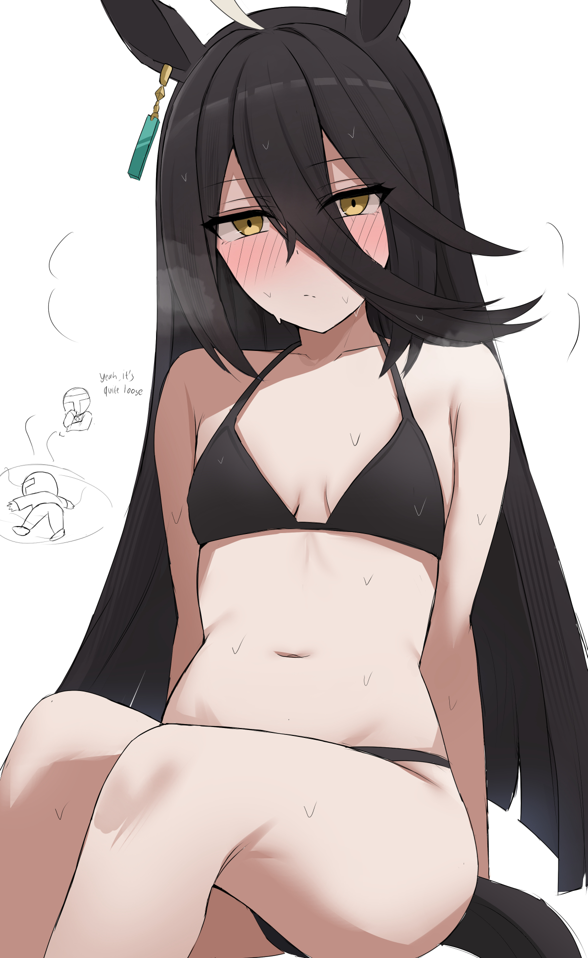 1girl, 1other, ahoge, animal ears, bikini, black bikini, black hair, blunt ends, blush, breasts, closed mouth, earrings, english text, hair between eyes, highres, horse ears, horse girl, jewelry, long bangs, long hair, looking at viewer, manhattan cafe (umamusume), namikare, navel, simple background, single earring, small breasts, solo focus, sweat, swimsuit, t-head trainer (umamusume), trainer (umamusume), umamusume, white background, yellow eyes
