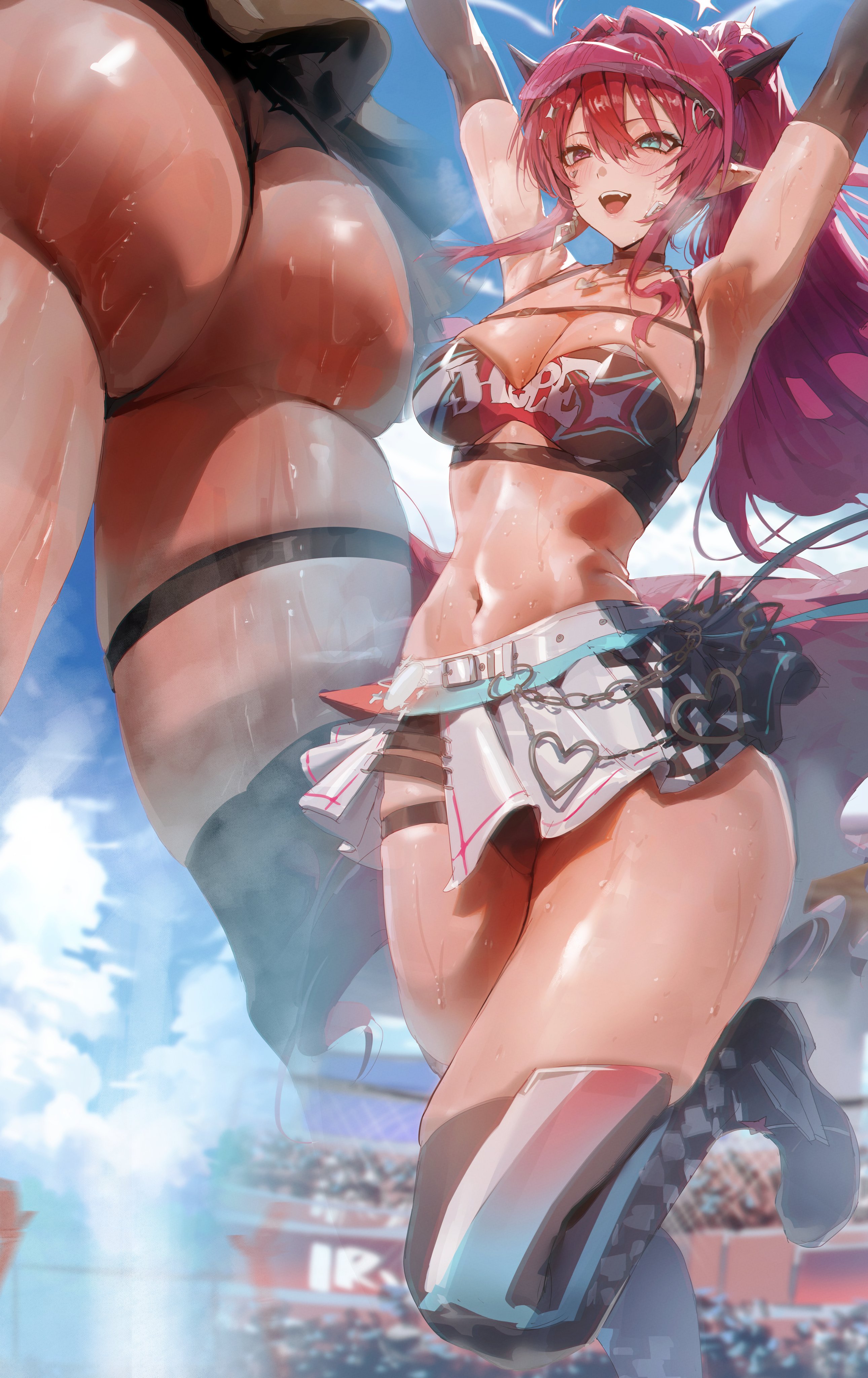 1girls, armpits, arms up, ass, blue eyes, boots, gloves, heterochromia, hololive, hololive english, hololive english -promise-, horns, hourglass figure, irys (hololive), irys (race queenrys) (hololive), large breasts, pink eyes, pink hair, race queen, rear view, rororo, skindentation, skirt, sweat, thighs, upskirt, virtual youtuber, visor