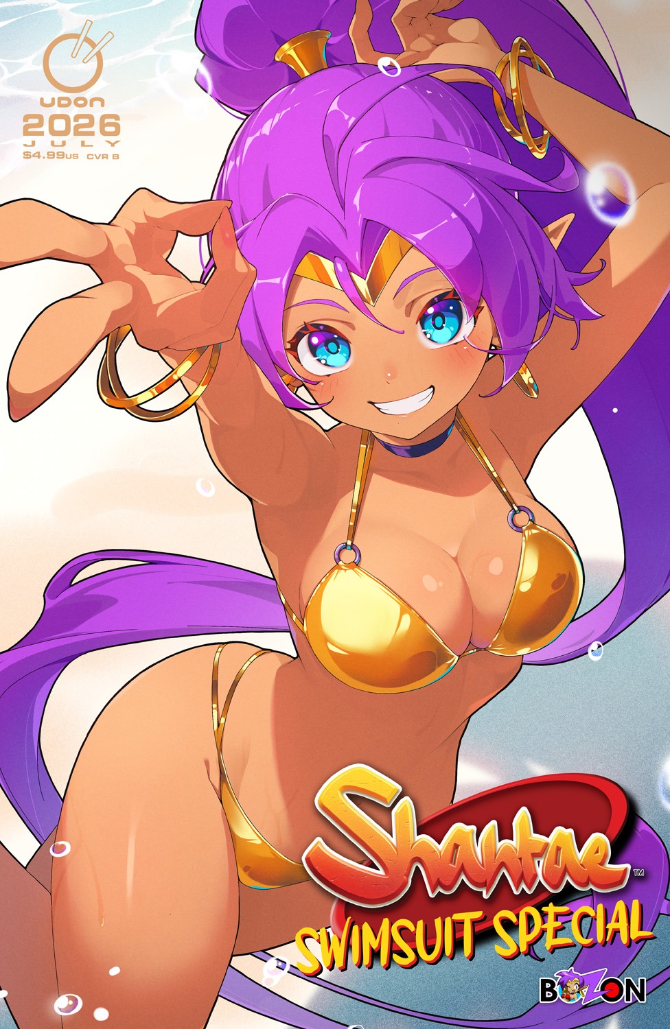 , 1girls, big breasts, bikini, blue eyes, breasts, brown skin, cover, cover page, earrings, female, female focus, female only, front-tie bikini, front-tie bikini top, genie, gold bikini, gold earrings, gold jewelry, gold swimsuit, gold swimwear, golden bikini, golden week, kazillust, large breasts, long hair, official art, pointy ears, ponytail, ponytail female, purple hair, shantae, shantae (character), side-tie bikini, side-tie bikini bottom, simple background, solo, solo female, solo focus, swimsuit, tagme, udon entertainment